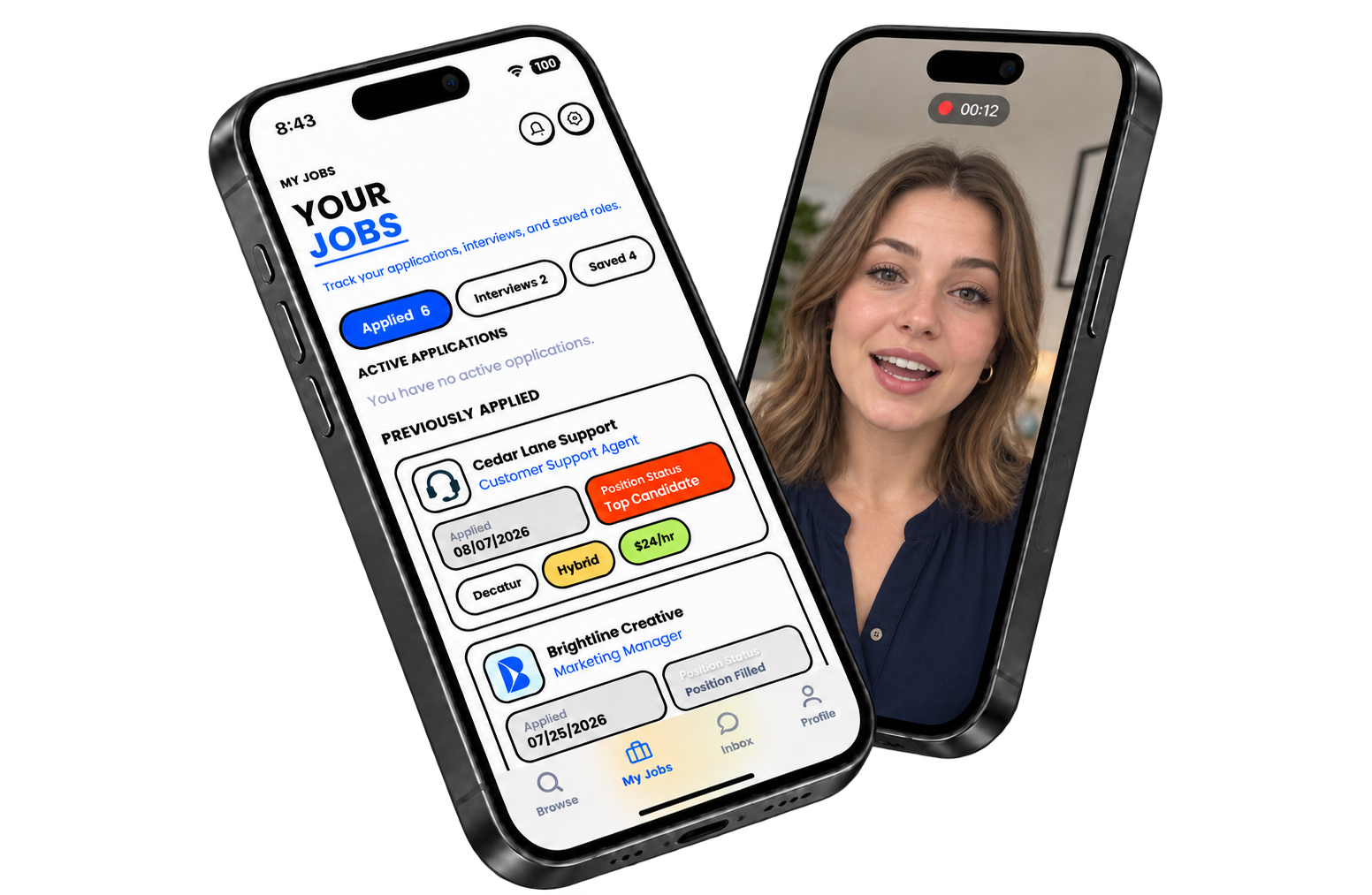 Two smartphones, one showing a job application app with job statuses and details, and the other displaying a woman speaking or recording a video message.