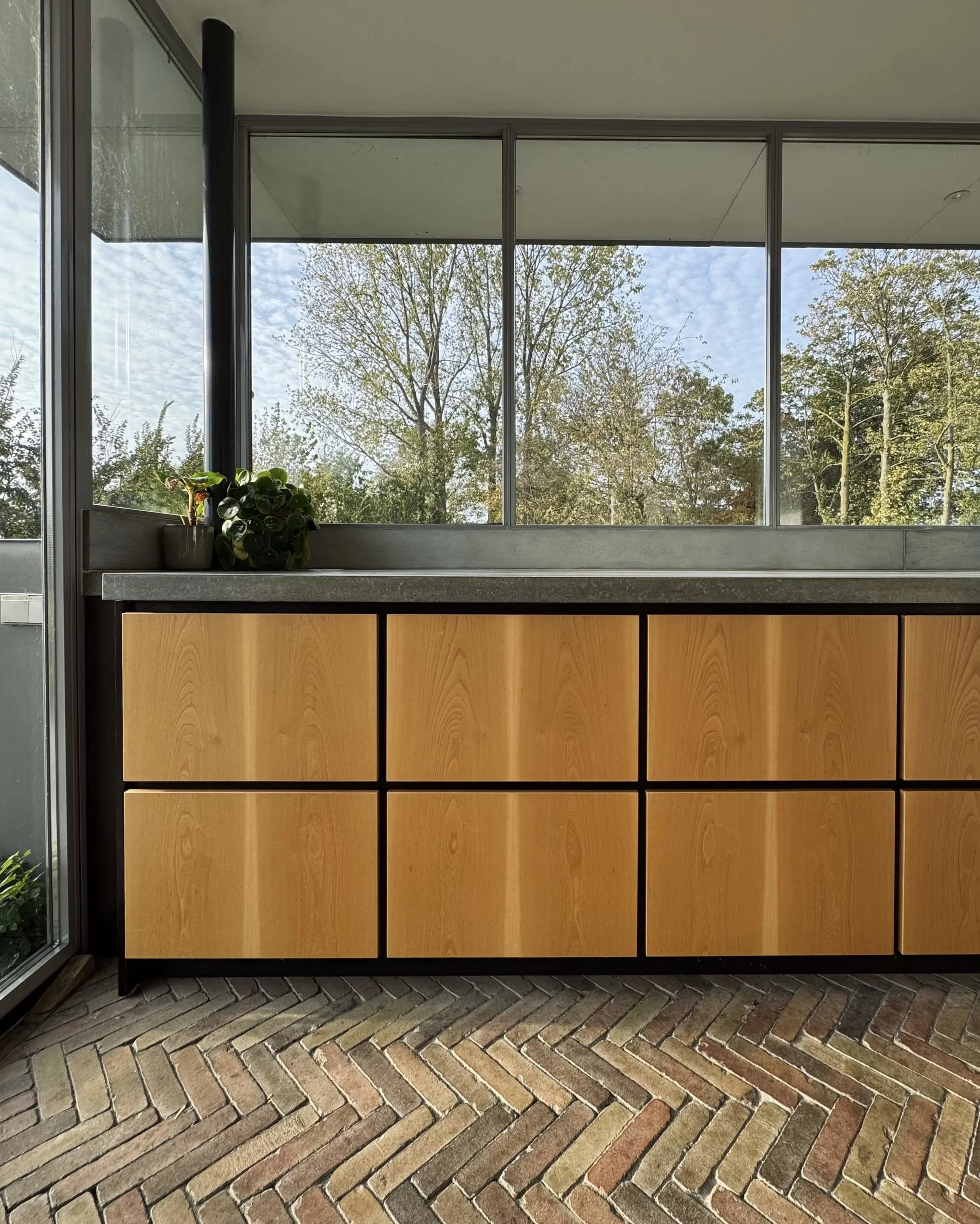 A modern kitchen cabinet with wooden drawers underneath a concrete countertop, a potted plant on the left, large windows with an outdoor view of trees and a blue sky.