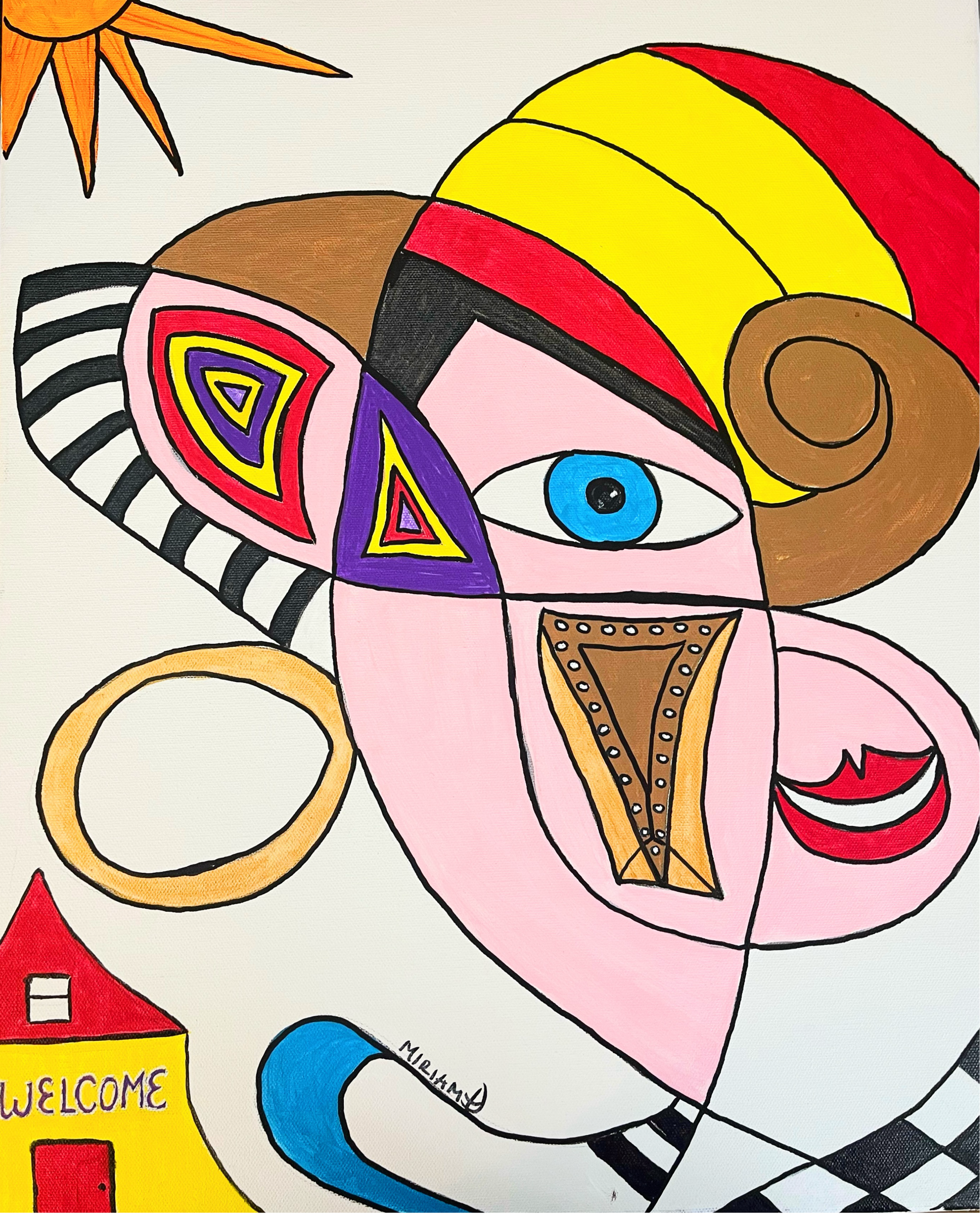 Colorful abstract artwork named "Kids play", second edition, featuring a central eye, face-like shapes, a sun in the top left corner, a welcome house in the bottom left corner, a blue crescent shape, and a black-and-white checkerboard pattern.