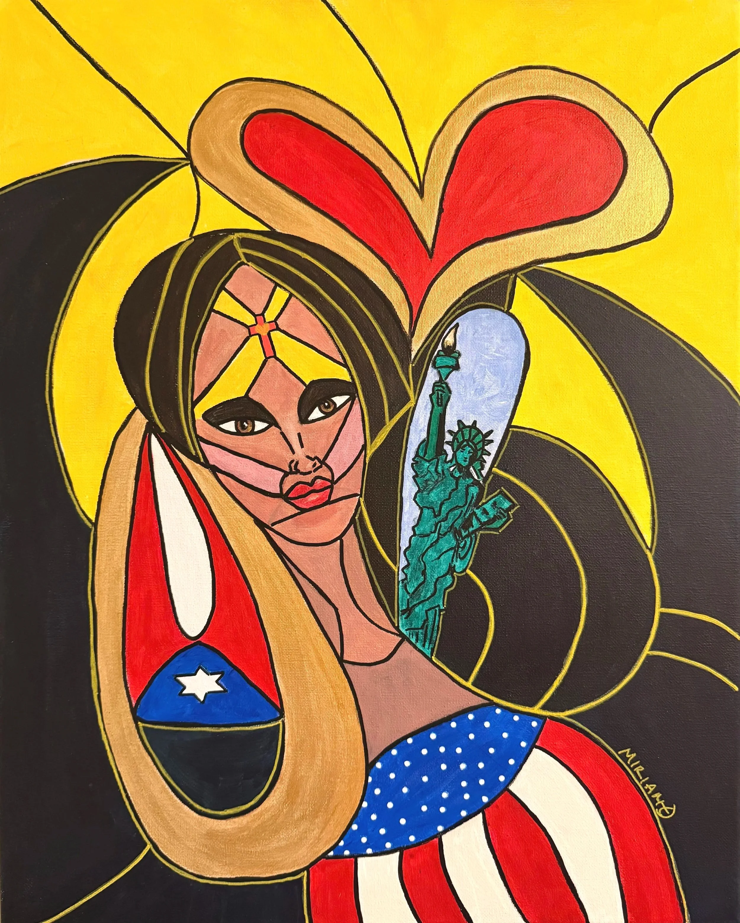 An abstract portrait of a woman with long black hair, adorned with a star and the Puerto Rican flag on her earring, set against a vibrant yellow background with a large heart shape and the Statue of Liberty emerging from her shoulder.