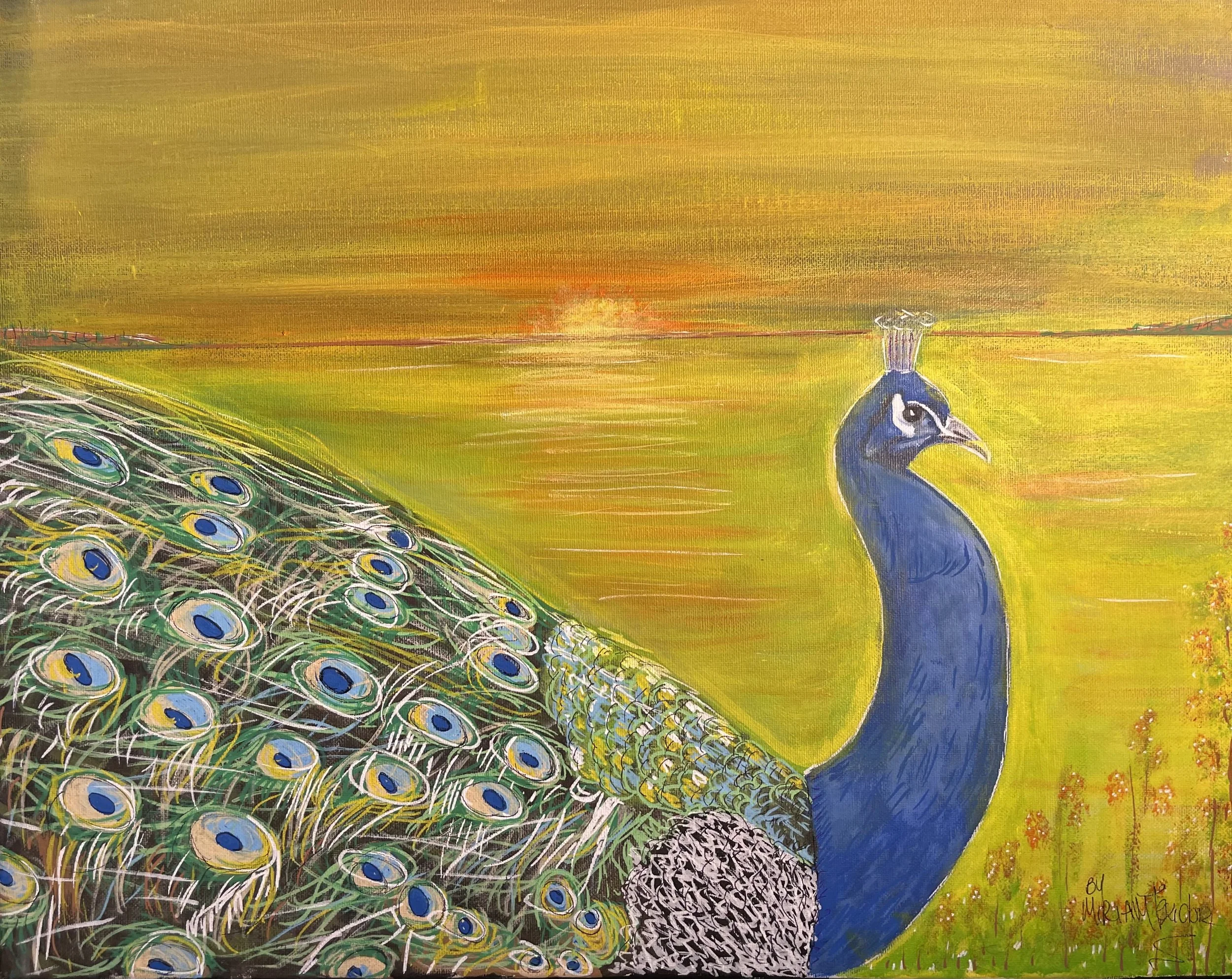 Painting of a peacock with a vibrant yellow sunset background and green grass.
