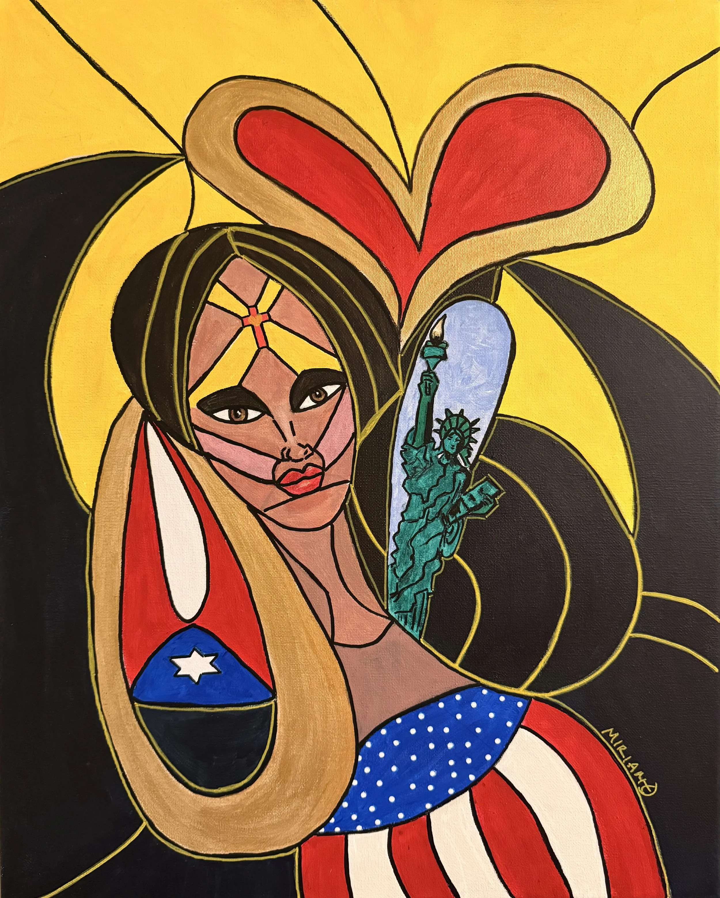 An abstract portrait of a woman with long black hair, adorned with a star and the Puerto Rican flag on her earring, set against a vibrant yellow background with a large heart shape and the Statue of Liberty emerging from her shoulder.