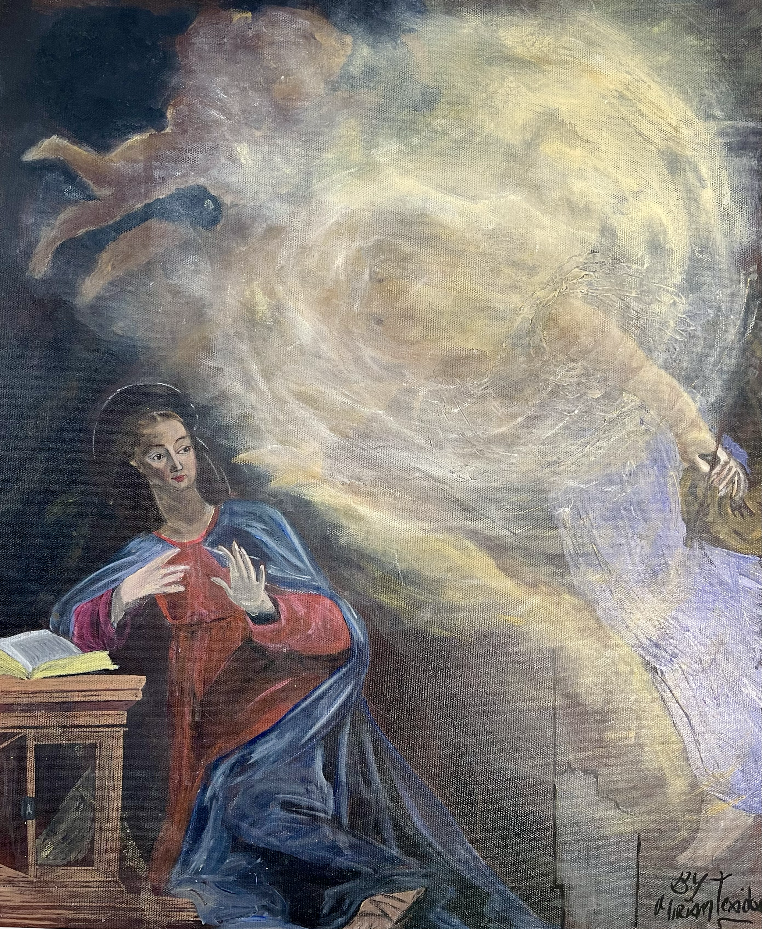 A religious painting depicting the Virgin Mary  and an angel appearing to her. Painting by artist Miriam Texidor