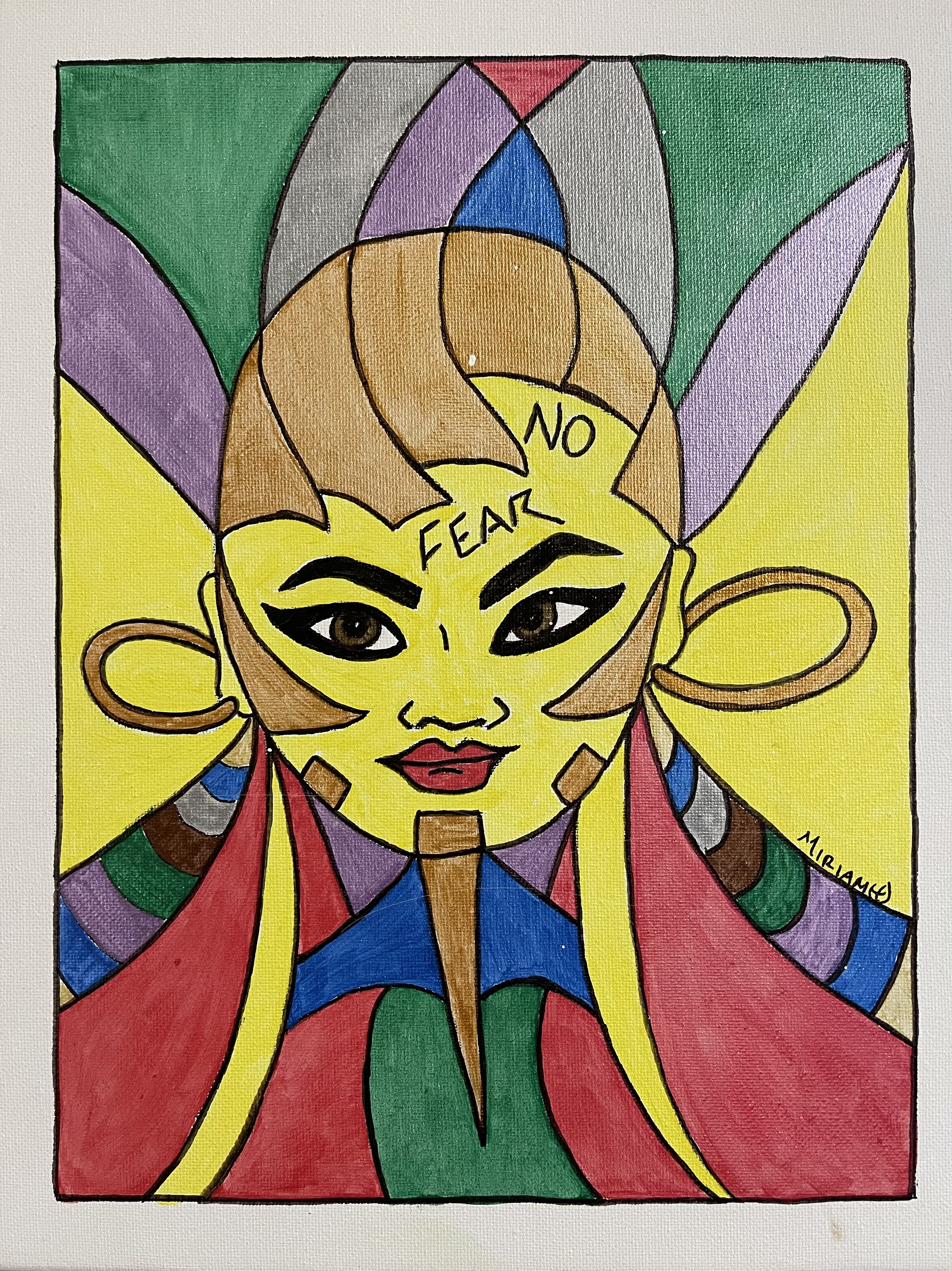 Colorful abstract portrait of a woman named " Ruth" from the bible and from the coloring book " The Faces of a Warrior"  special edition, selling on amazon.com/author/miriamtexidor. The words 'NO FEAR' are written on her forehead.