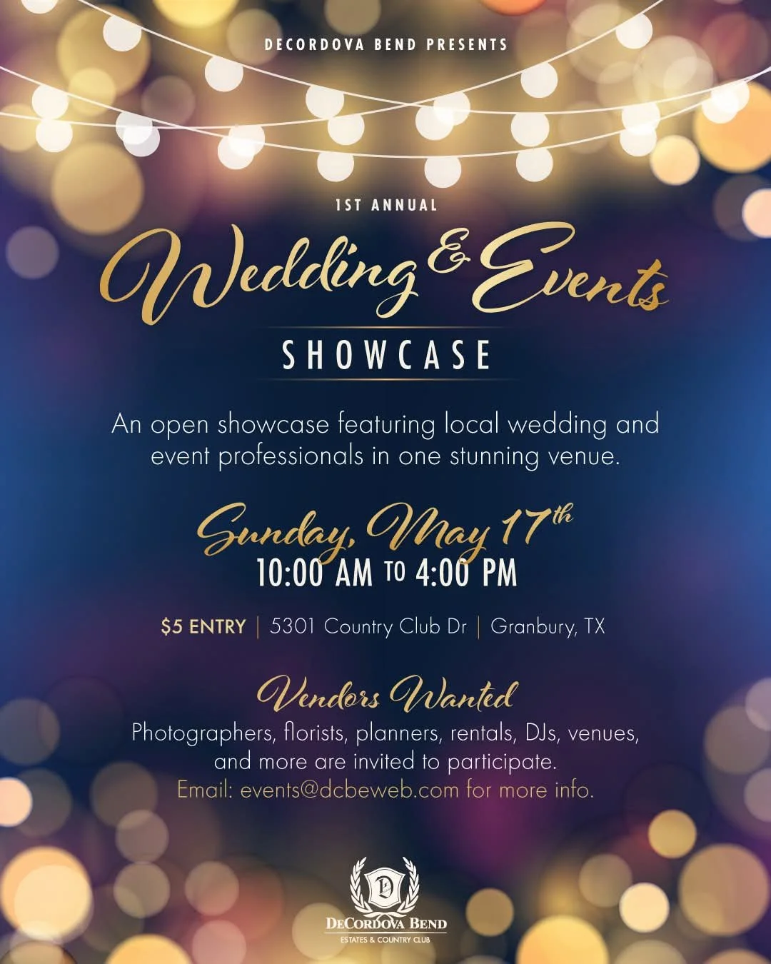Event flyer for the DeCordova Bend Wedding & Events Showcase, with bokeh lights and string lights at the top, details of date, time, location, entry fee, and vendors wanted listed at the bottom for wedding and photo booth vendors in Granbury.