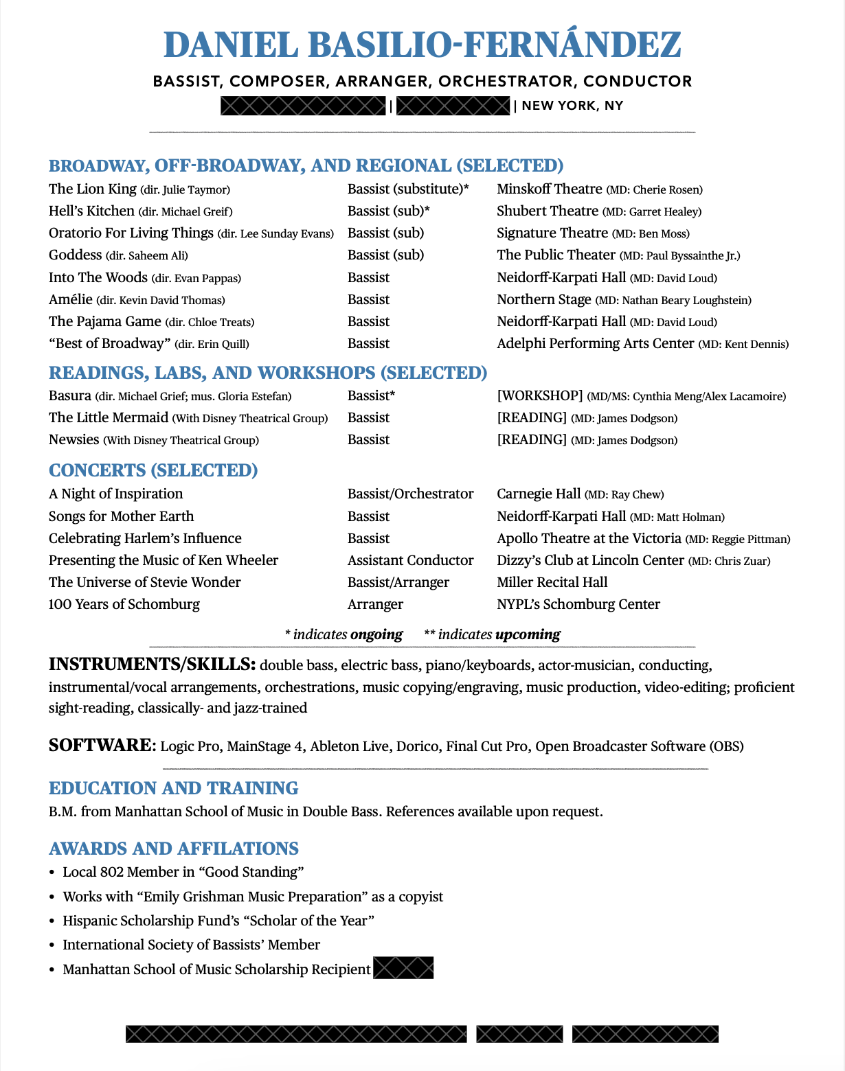 A resume of Daniel Basilio-Fernández listing his music and performance experience, skills, education, and awards.