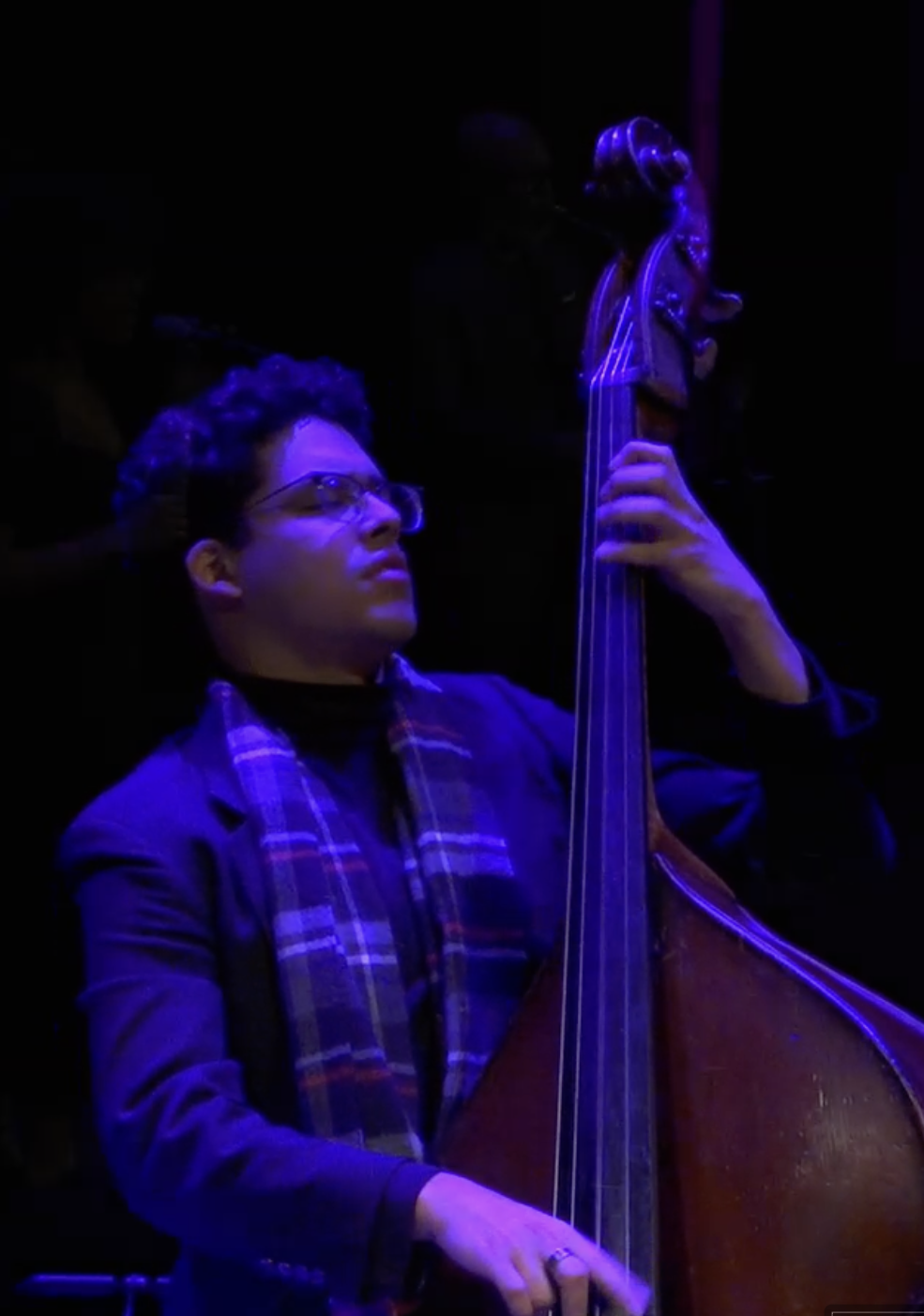 A person with glasses plays an upright bass on a stage illuminated with purple light.