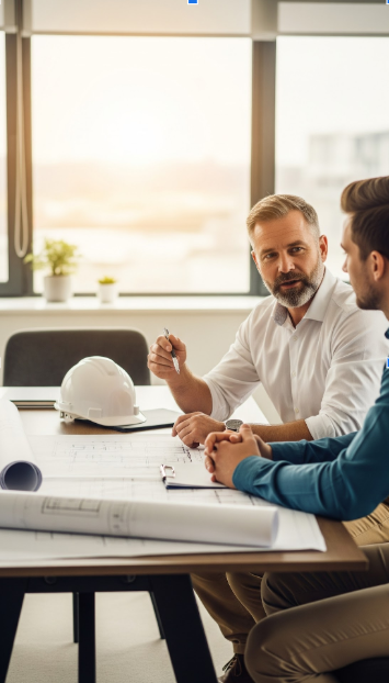 Two men having a serious discussion at a bright office table with blueprints and a white hard hat.