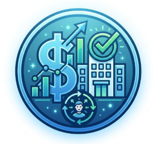 Financial and business growth icons with dollar signs, graphs, checkmark, buildings, and a person with arrows indicating movement