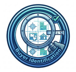 An illustration of a magnifying glass focusing on various building icons inside a circular badge, with the text 'Buyer Identification' at the bottom.