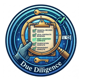 Checklist on a clipboard with a magnifying glass, emphasizing due diligence, with keys and a blue circular background.