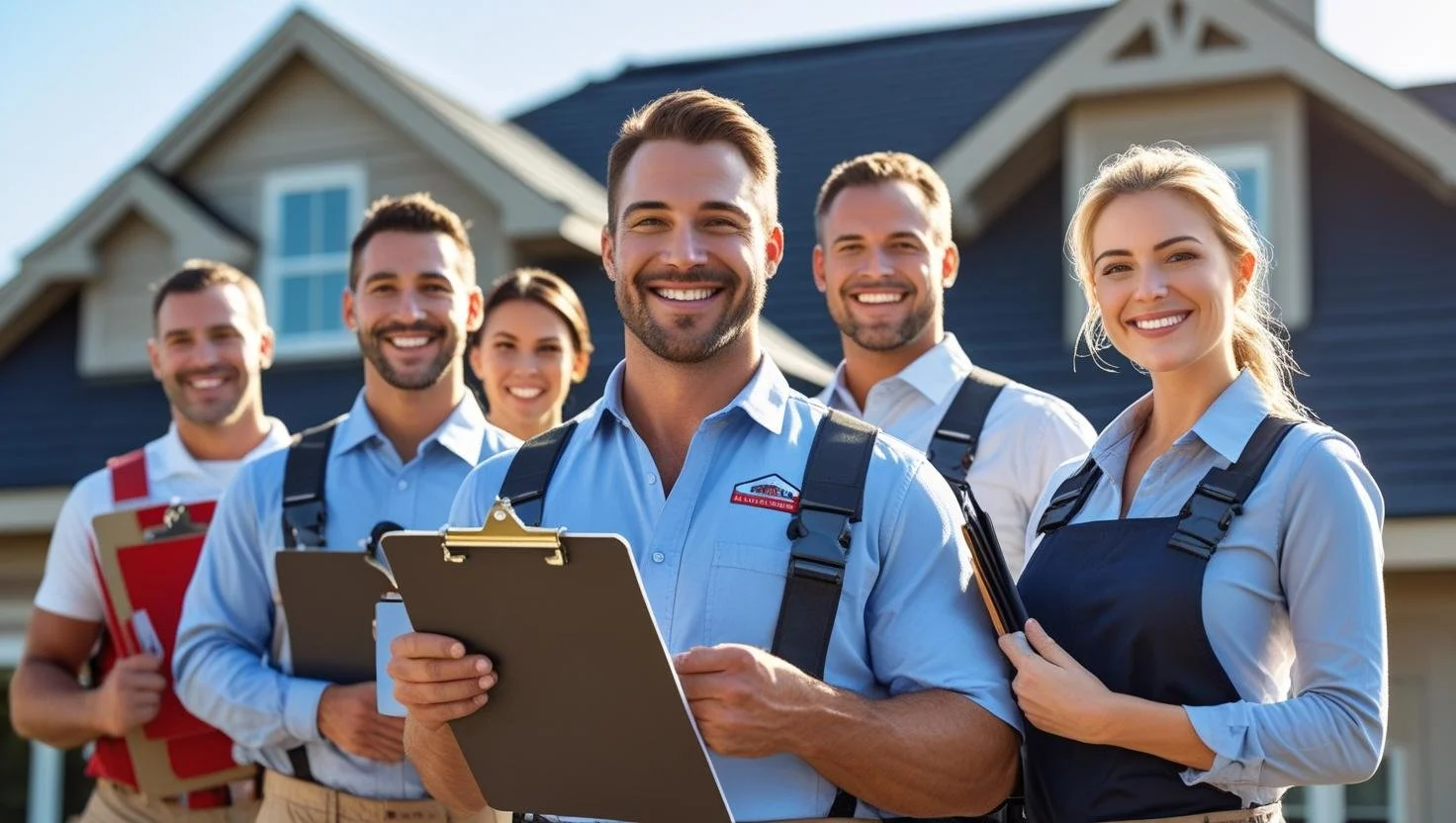 Group of six smiling home inspectors in uniform standing outside in front of a house, holding clipboards and folders.