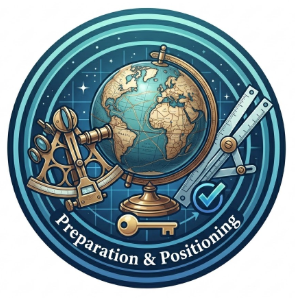 Illustration of a globe with scientific tools like a microscope, telescope, and ruler surrounding it. The image includes the text 'Preparation & Positioning' and features a circular, blue background with stars, symbolizing scientific research and exploration.