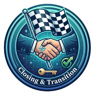 Handshake between two people with a checkered flag behind them, a key below, and a green checkmark, symbolizing closing and transition.