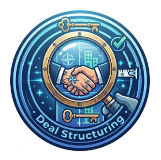 Illustration of handshake inside a vault or safe with gears, keys, and a check mark, symbolizing deal structuring and secure agreements.