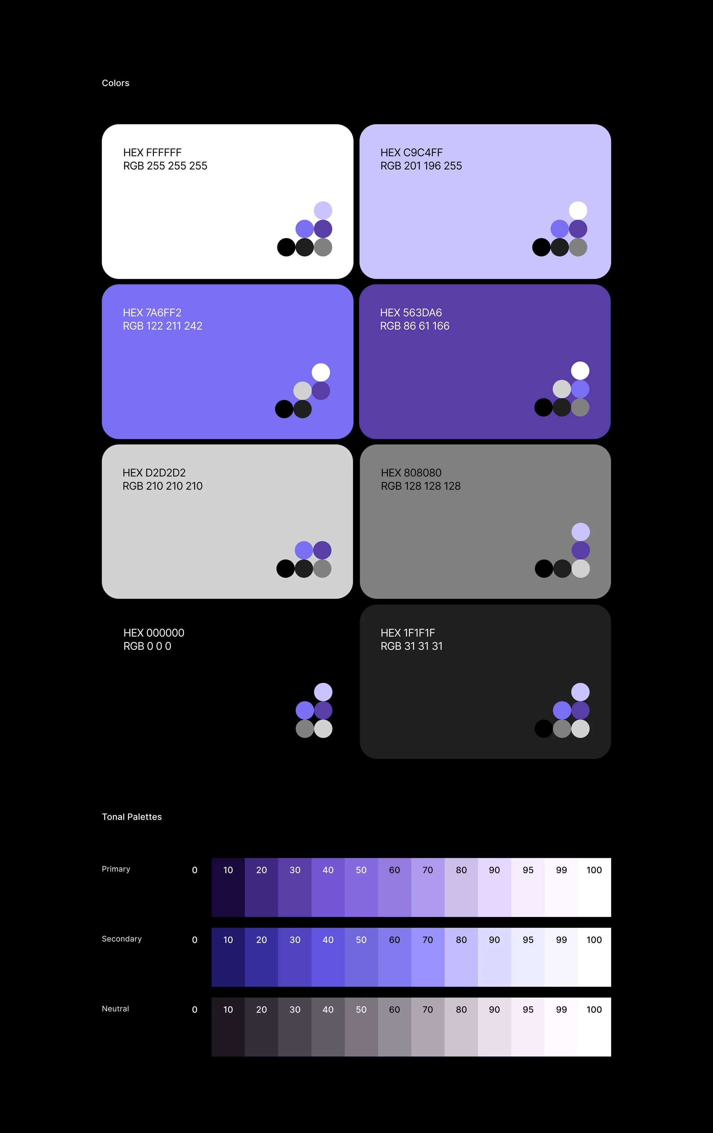 A chart showing various color palettes with their hexadecimal and RGB values, organized into primary, secondary, and neutral tones. The chart includes color swatches and a tonal scale from 0 to 100 for each palette category.