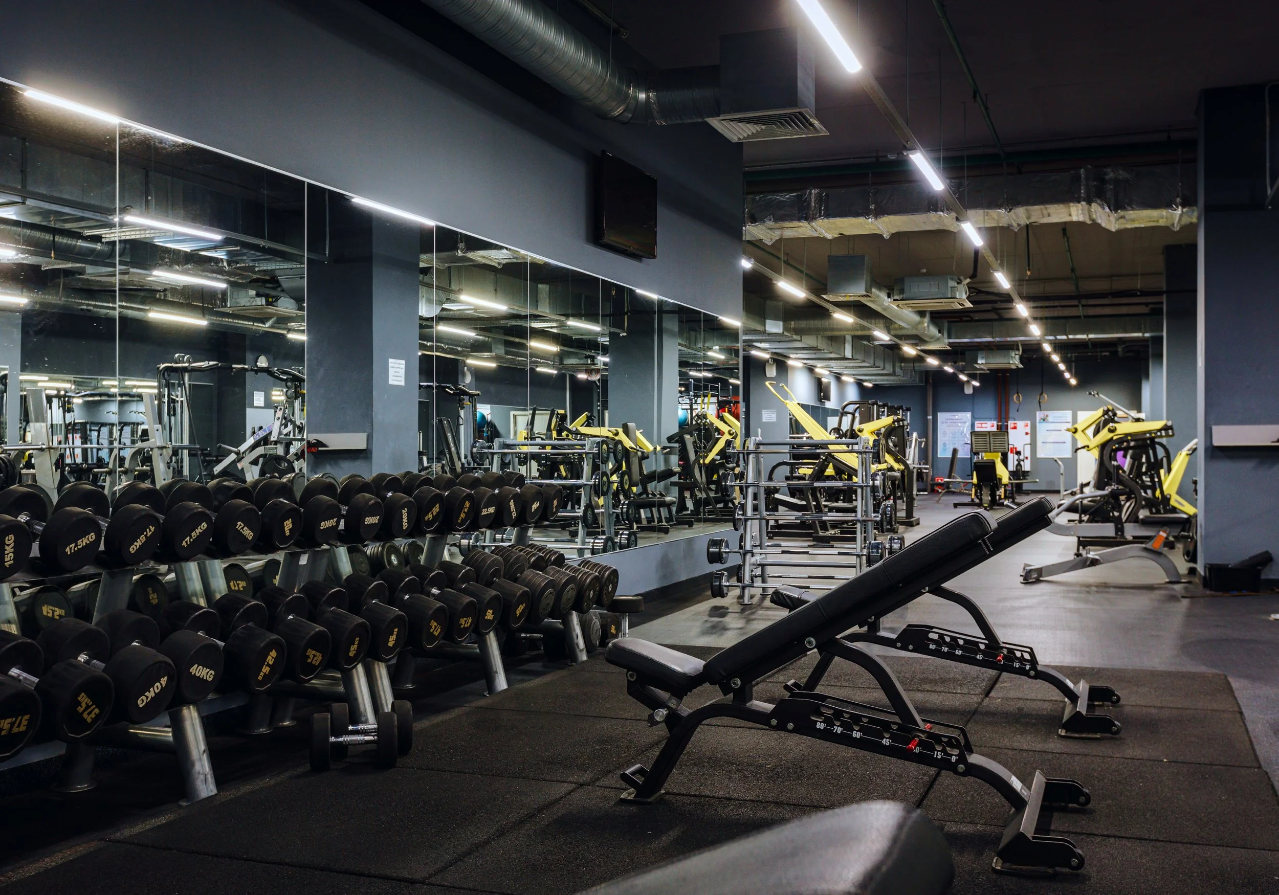 Interior of a modern gym with various workout equipment, including dumbbells, benches, and cardio machines, illuminated by bright overhead lighting.