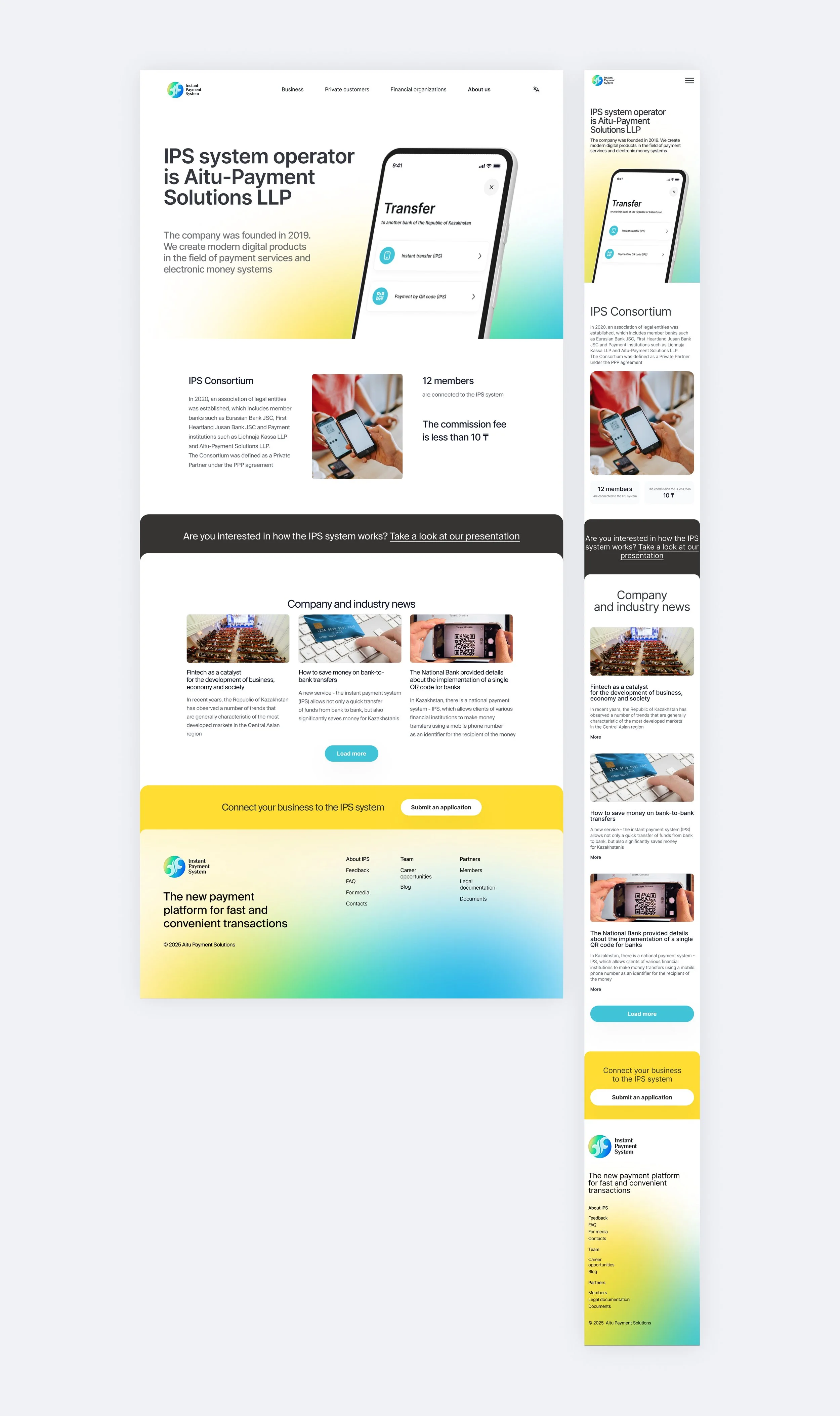 Screenshot of a website for Aitu-Payment Solutions LLC, a payment system company established in 2019. The page features a mobile phone displaying transfer options, company information, news articles, and a call-to-action button to submit an application, with a color gradient background.