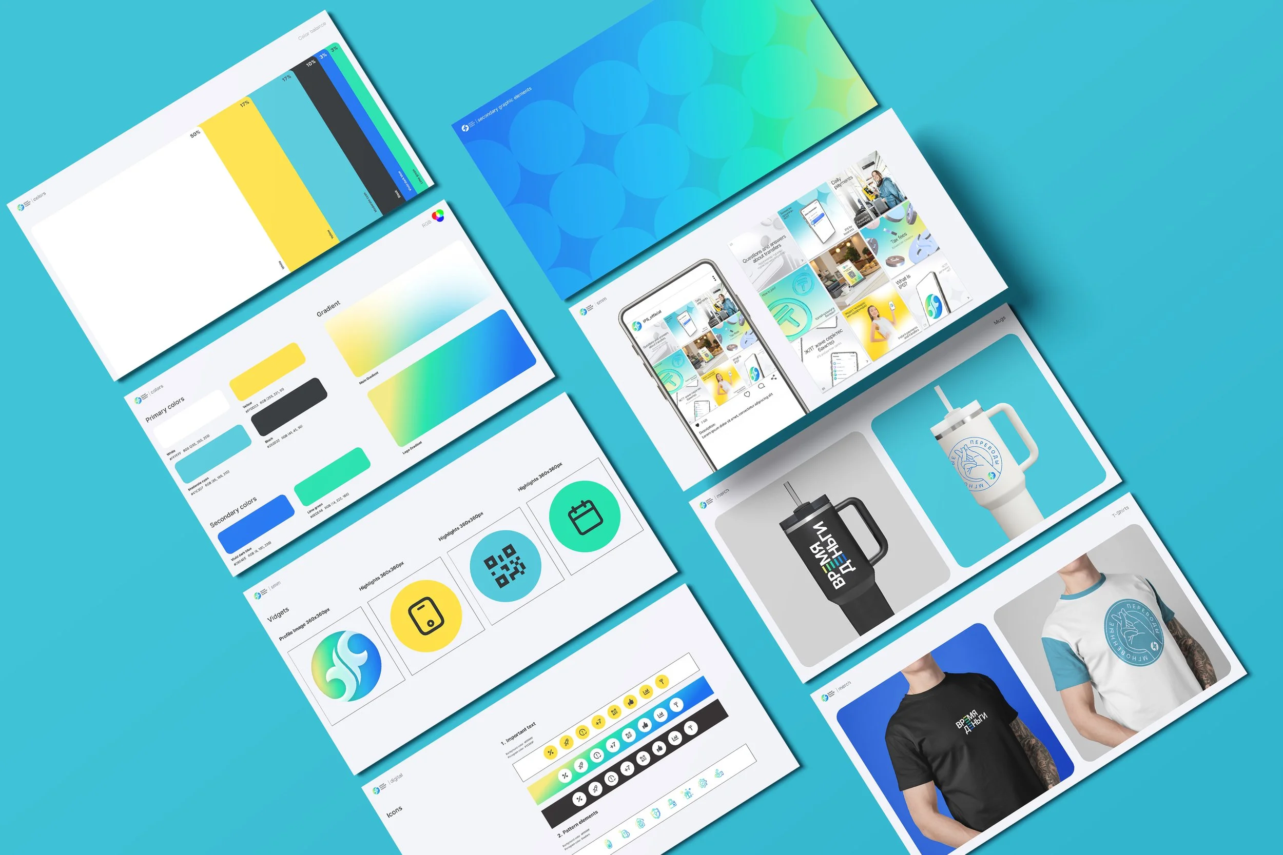 A collection of design mockups and branding materials for a company called 'i colors.' The images include color palettes, logo icons, QR codes, and branding on clothing and accessories, all displayed on a light blue background.