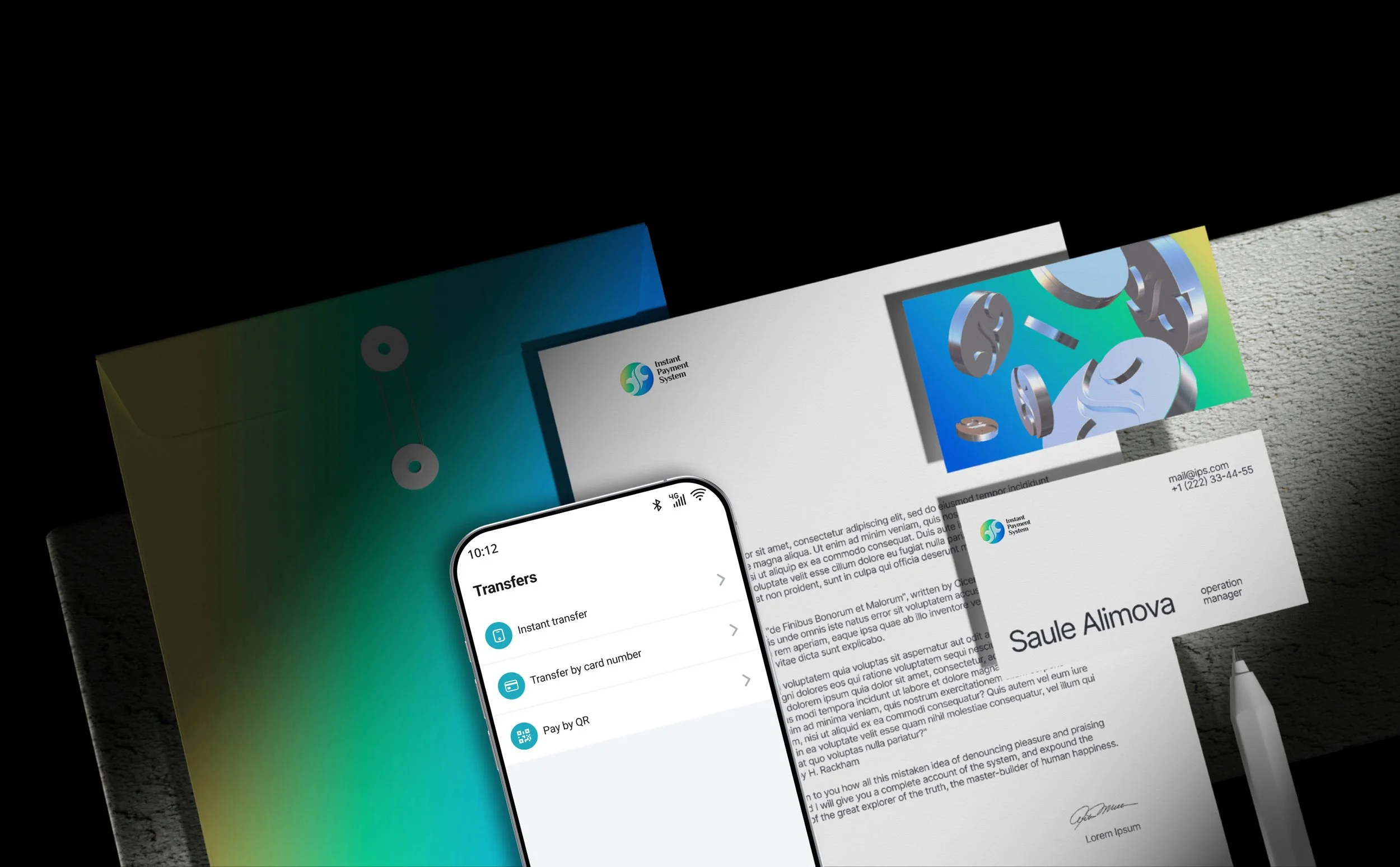 Smartphone displaying a digital transfer menu with options for instant transfer, transfer by card number, and pay by QR, placed on top of multiple printed documents and a colorful brochure or poster with graphical elements, on a dark surface.