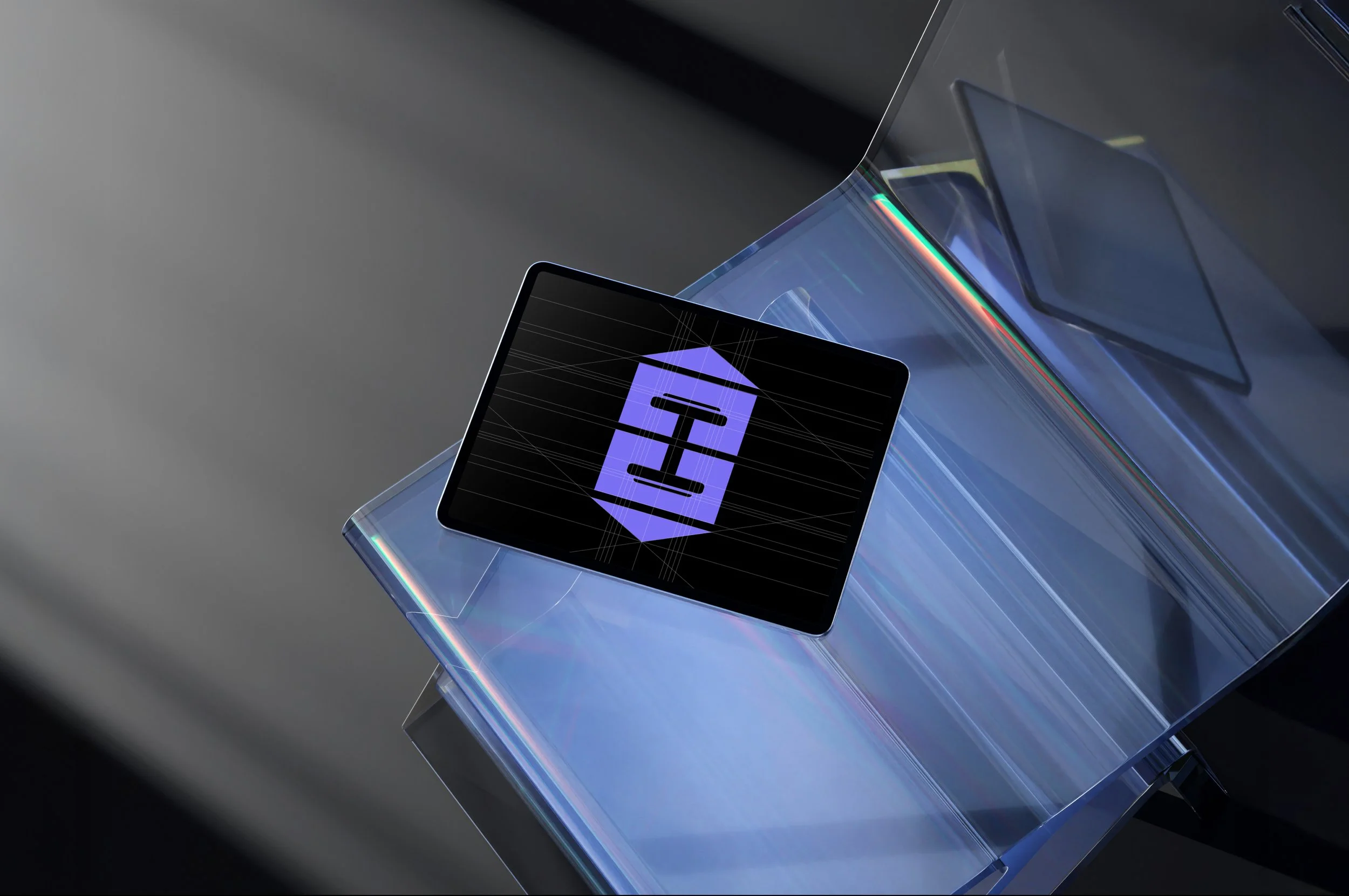 Futuristic smartphone with holographic display and transparent build, reflecting light on a metallic surface.