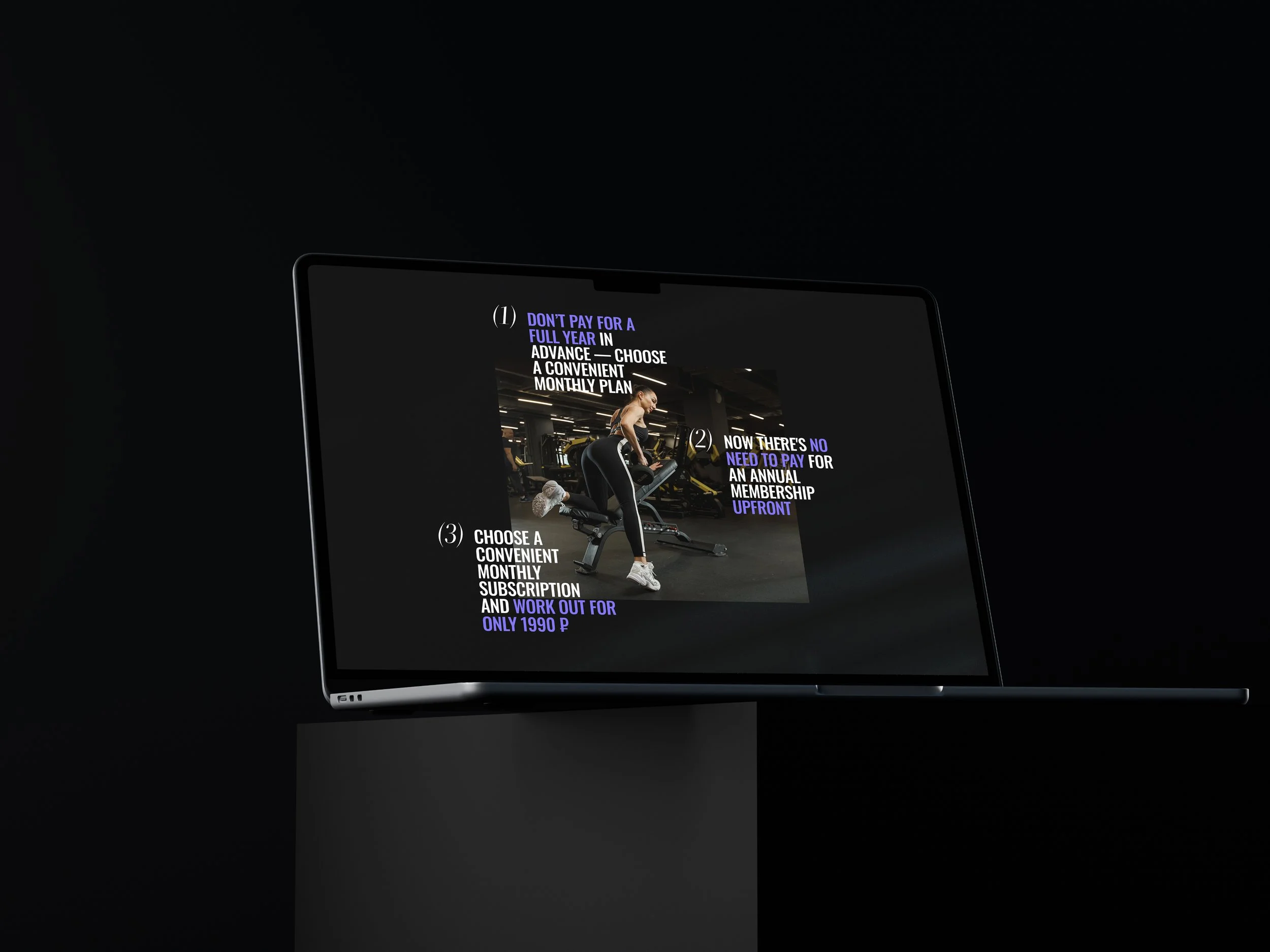A laptop screen displaying text about gym membership and workout plans, with a photo of a woman working out in a gym visible on the screen.