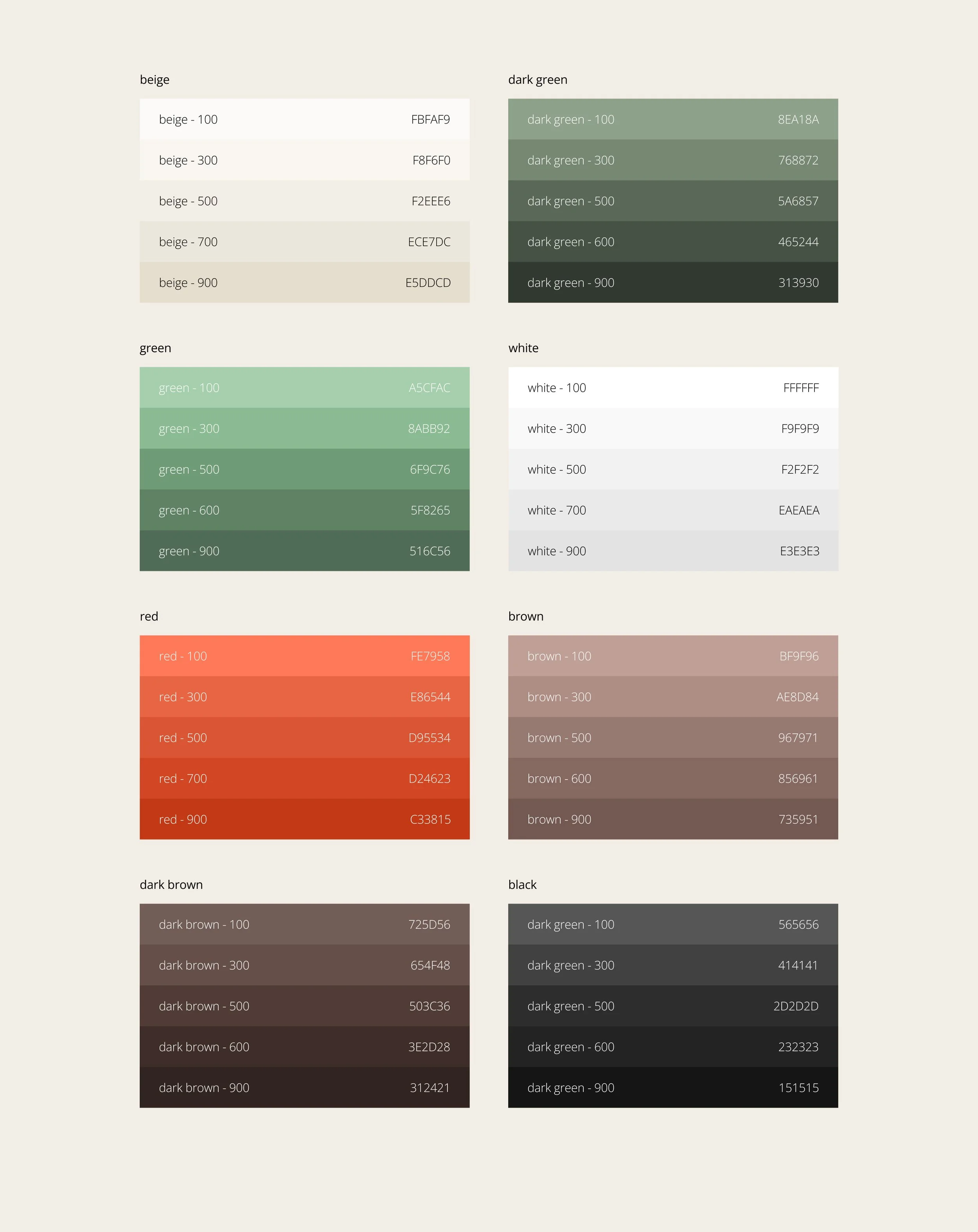 Color chart displaying various shades of beige, green, red, brown, black, white, and dark brown with their corresponding color codes.