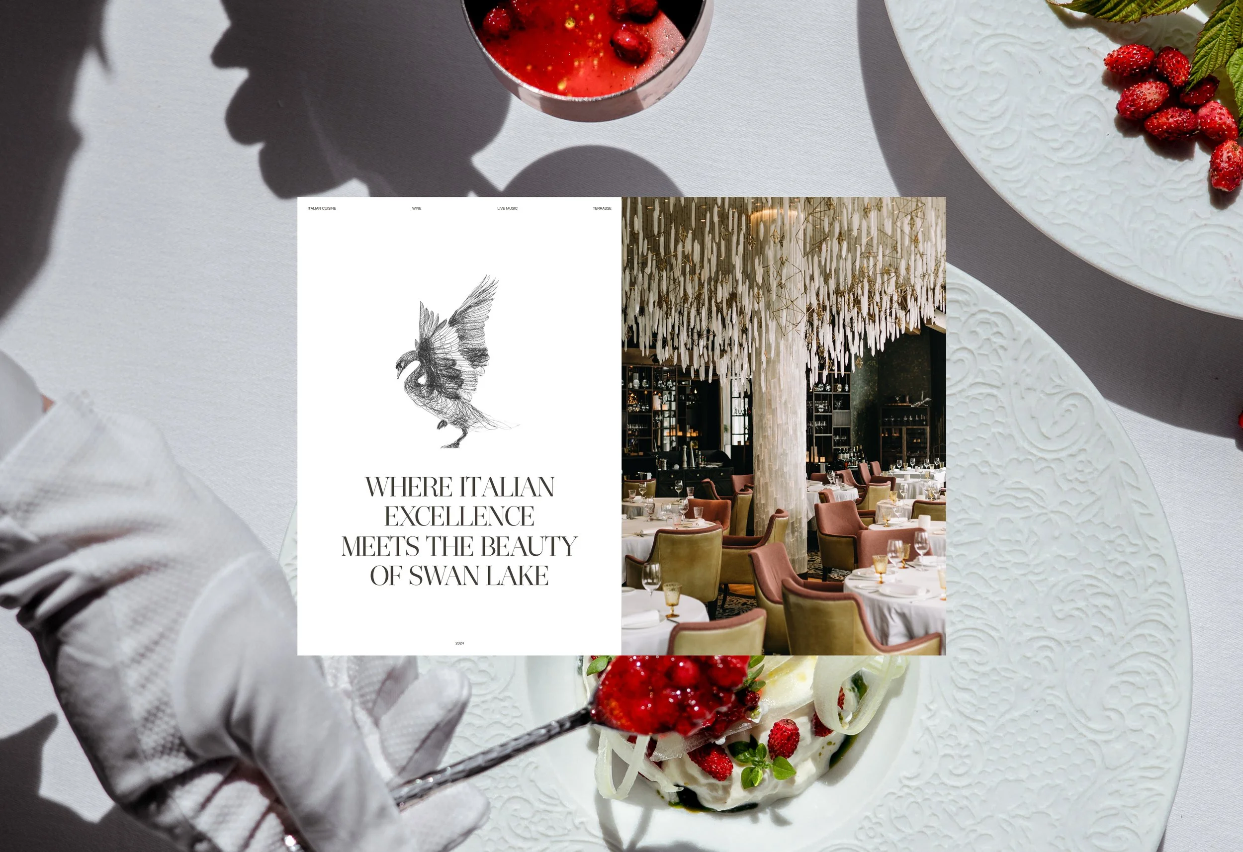 A menu titled "Where Italian Excellence Meets the Beauty of Swan Lake" with an illustration of a swan's head and neck, set against a backdrop of a restaurant interior with elegant seating and hanging decorative elements.