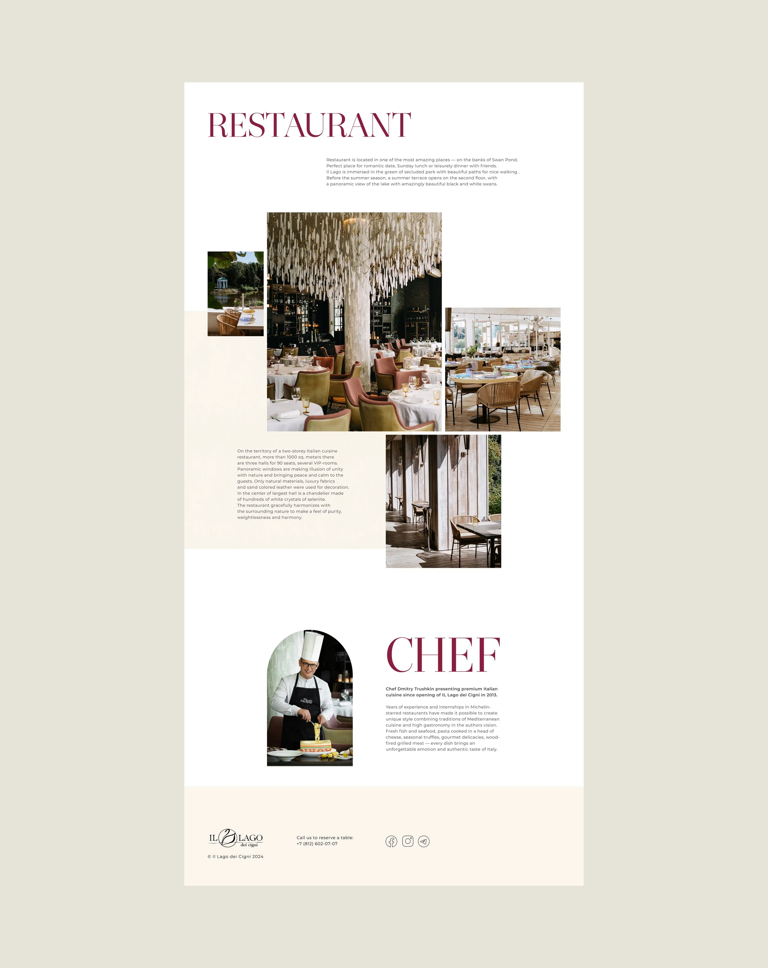A webpage promoting a restaurant with images of interior dining spaces, a chef preparing food, and restaurant details, including contact information and social media icons.