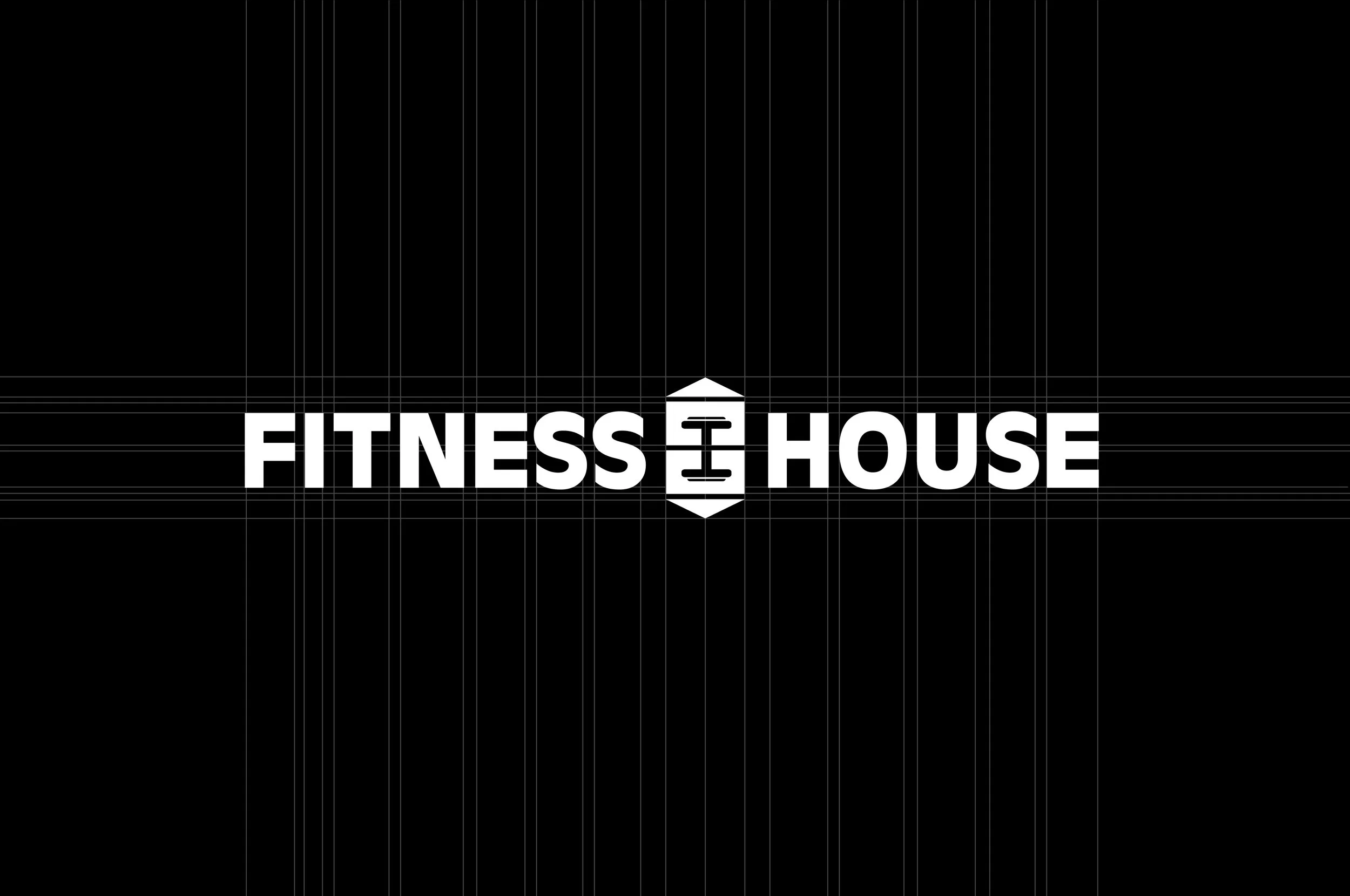 Black background with white text that says "FITNESS HOUSE" and a small icon of a barbell in between the words.