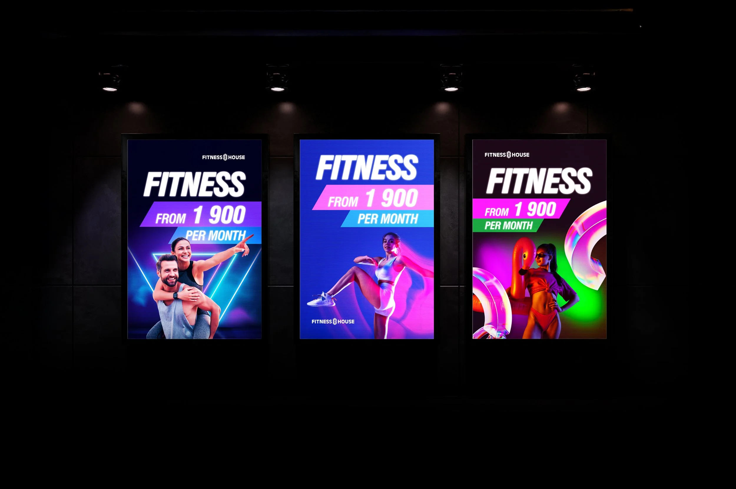Three digital advertisements for Fitness House gym with colorful, neon-style graphics and text about membership prices.
