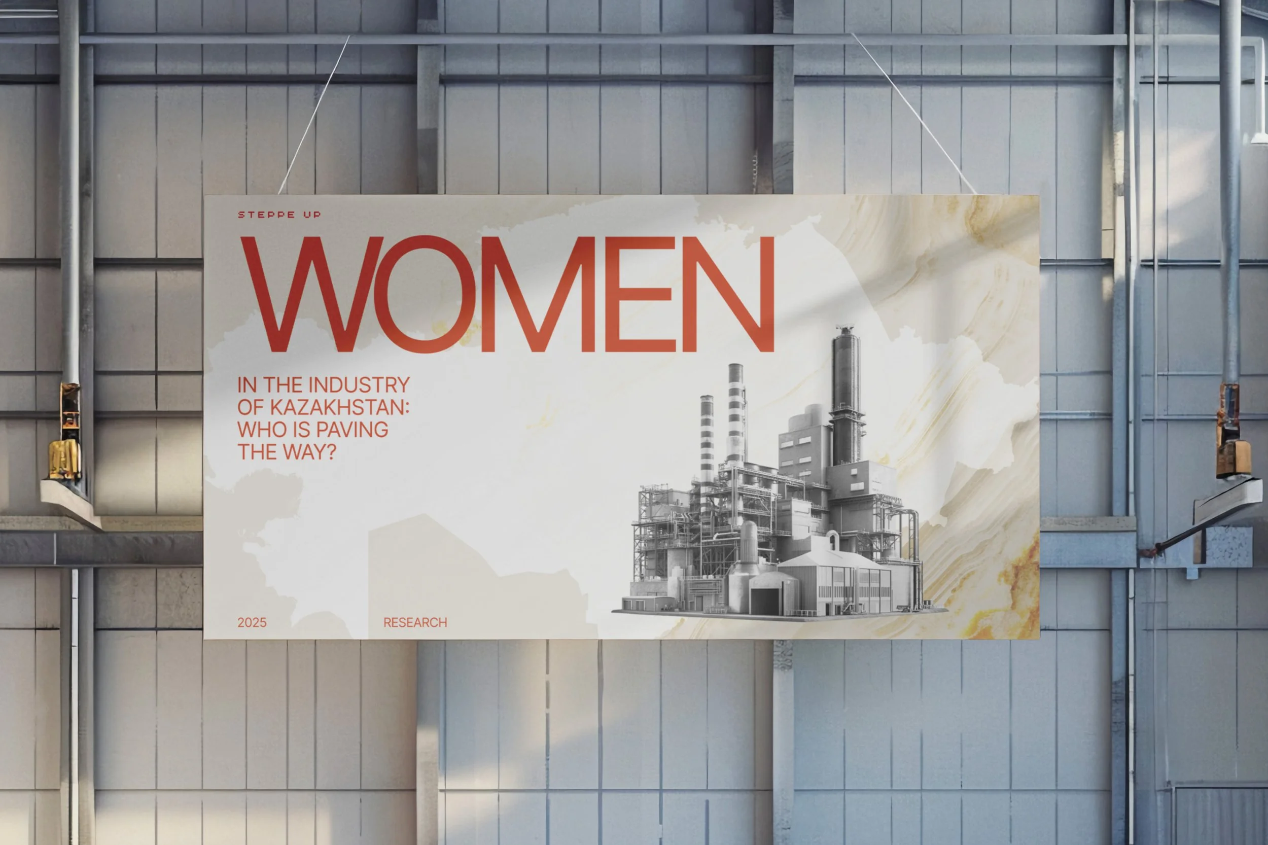 A large poster displaying a black and white industrial factory with tall smokestacks, set against a cream-colored, swirling background. The poster has red text that reads 'WOMEN' in large letters, with smaller text above and below mentioning industry and Kazakhstan.