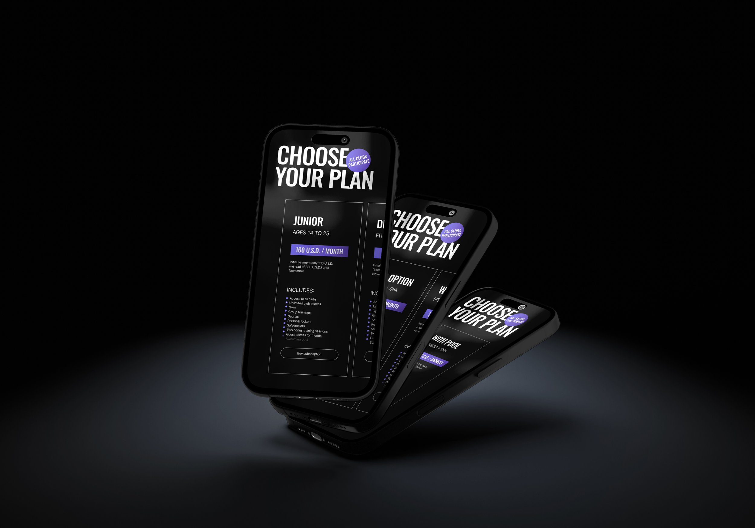 Three smartphones displaying fitness club membership plans against a black background.