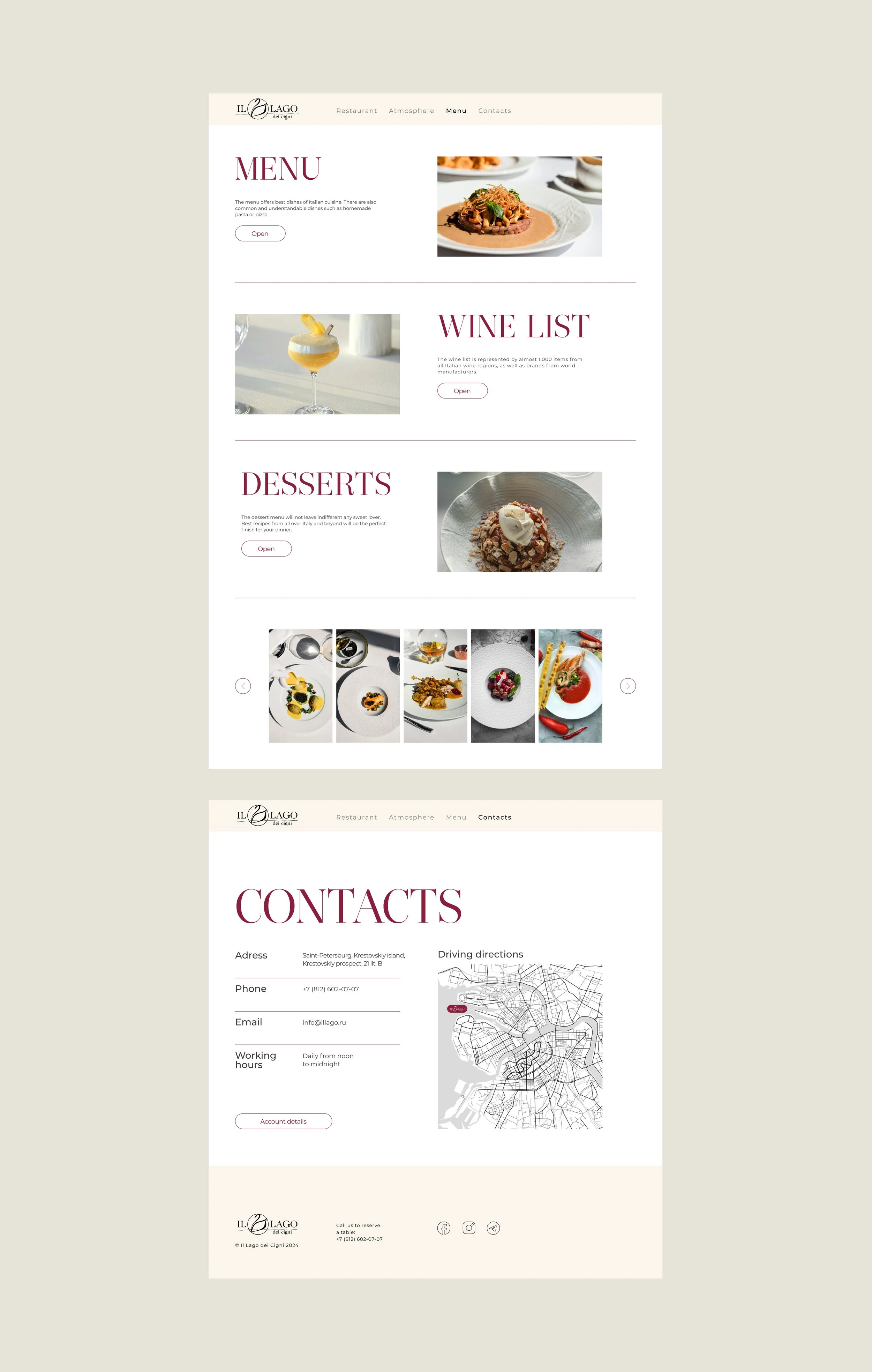 Screenshot of a restaurant website featuring a menu, wine list, and desserts. The page has images of food, drinks, and a map, with contact information at the bottom.