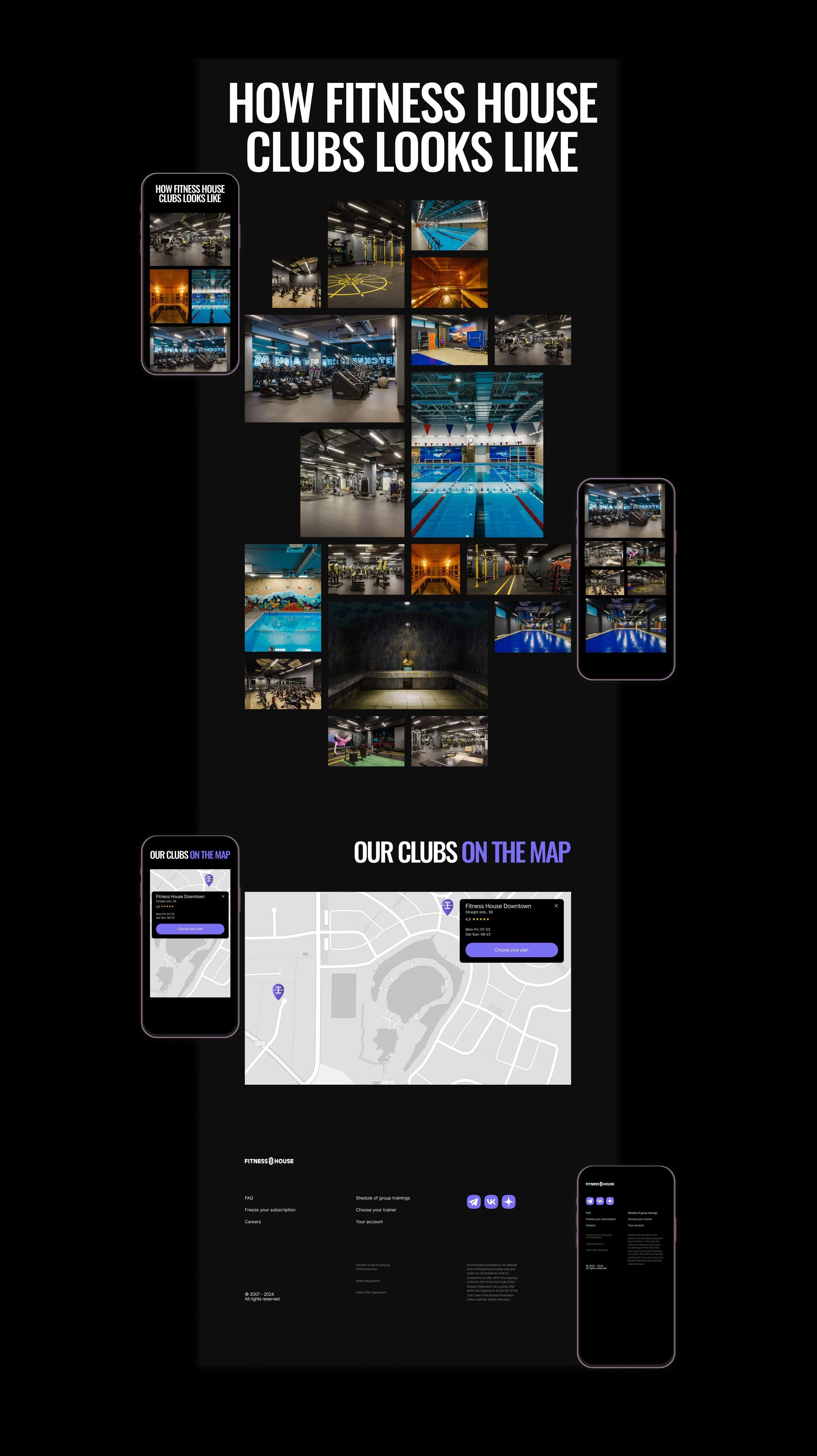 A digital collage showing different images of a modern fitness gym, including weightlifting equipment, a swimming pool, a cardio area, and a yoga space. The collage also features mobile app screens and a map highlighting the gym's location, with the headline "How Fitness House Clubs Looks Like" at the top.