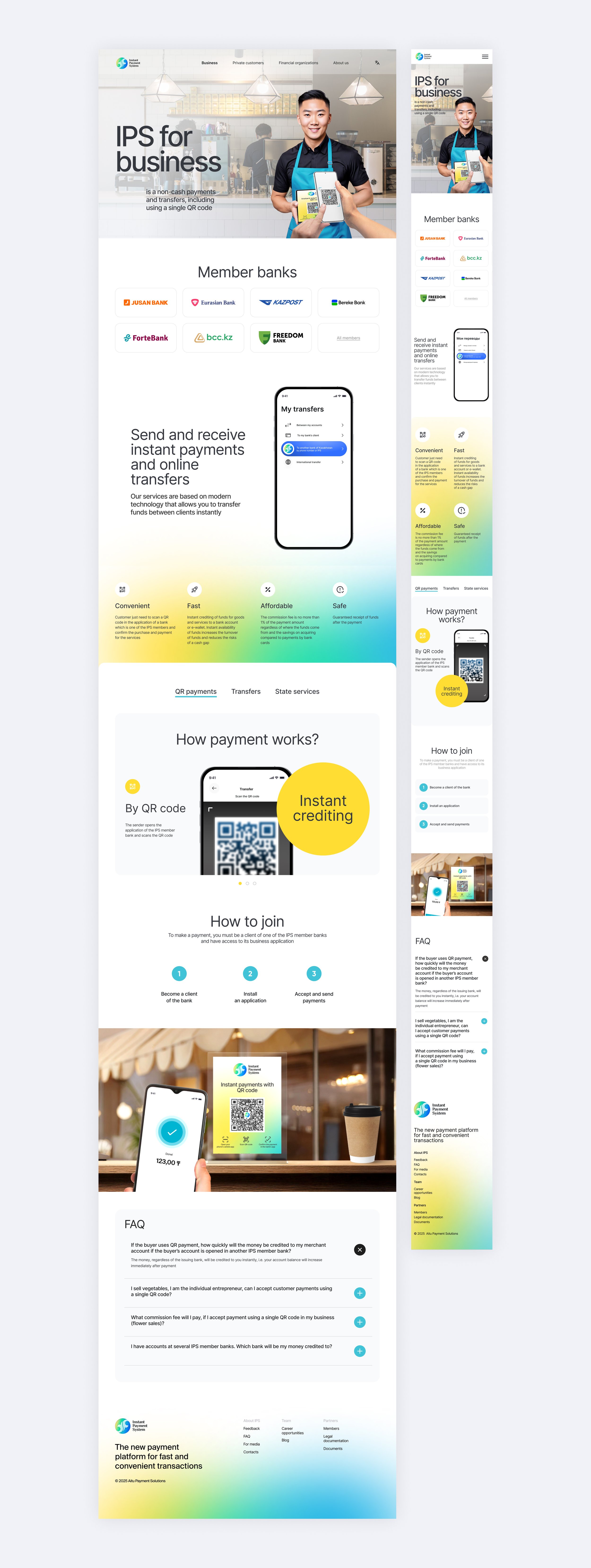 A mobile webpage showing a payment app for business. Features include member banks, instant transfers via QR code, and a step-by-step guide on how to join and make payments. The page highlights convenience, speed, affordability, and safety.
