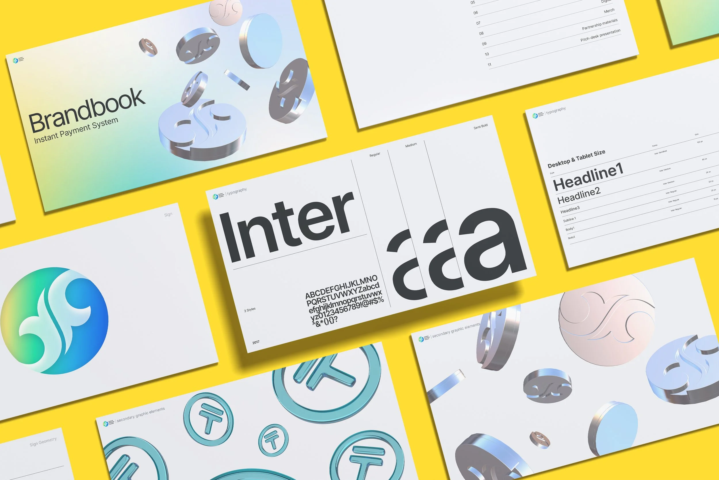 Multiple design and branding templates displayed on a yellow background, including logo concepts, typography, graphic elements, and branding style guides for a project.
