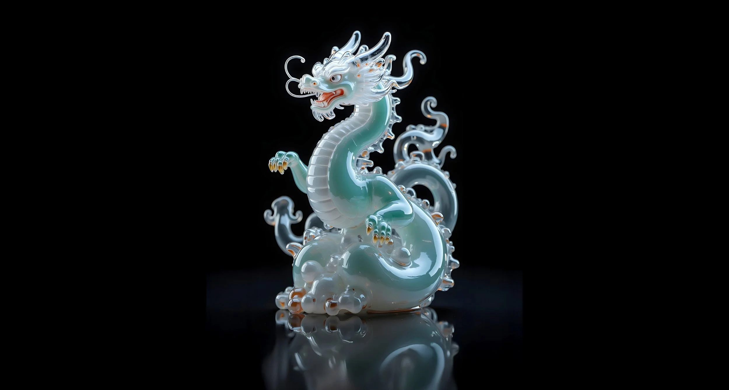 Translucent Chinese dragon sculpture on a black background, featured in a contemporary brand identity and visual communication project.