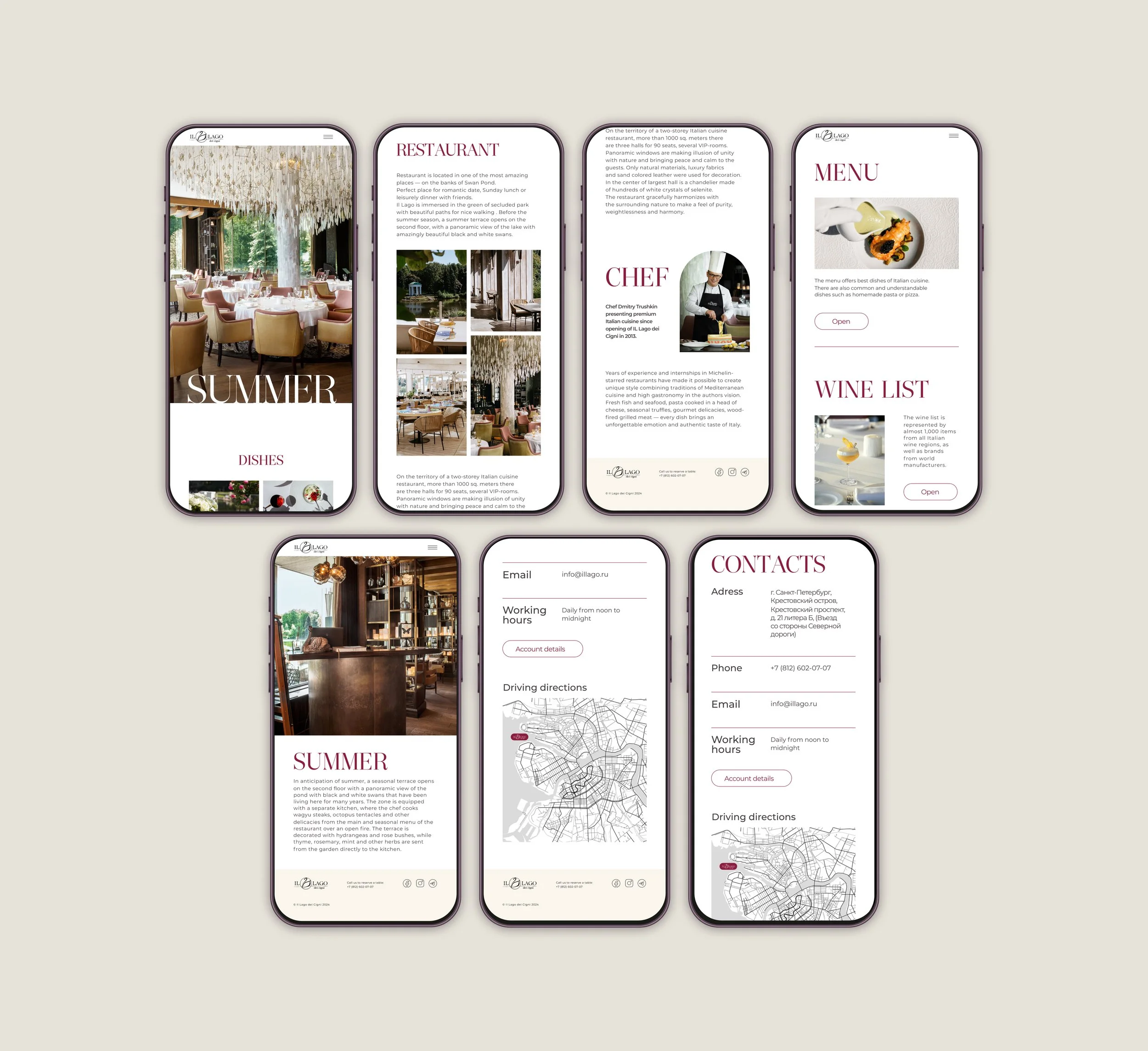 Screenshots of a restaurant website displayed on a mobile phone, showing sections such as 'Summer,' 'Restaurant,' 'Menu,' and contact information with maps and images of the interior.