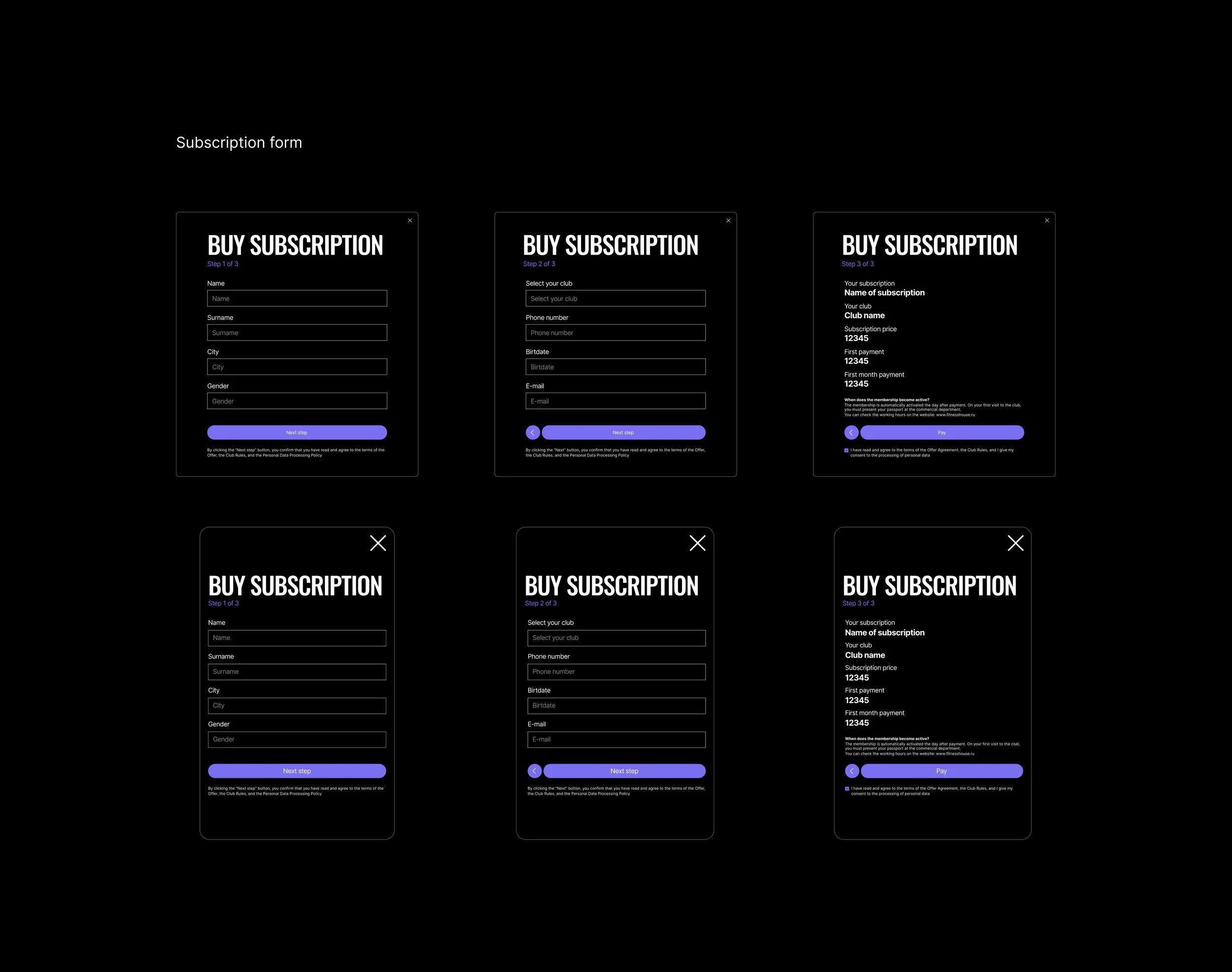 Screenshots of a three-step subscription form on a dark background, showing fields for name, contact info, and payment details with buttons labeled 'Next step' and 'Pay'.