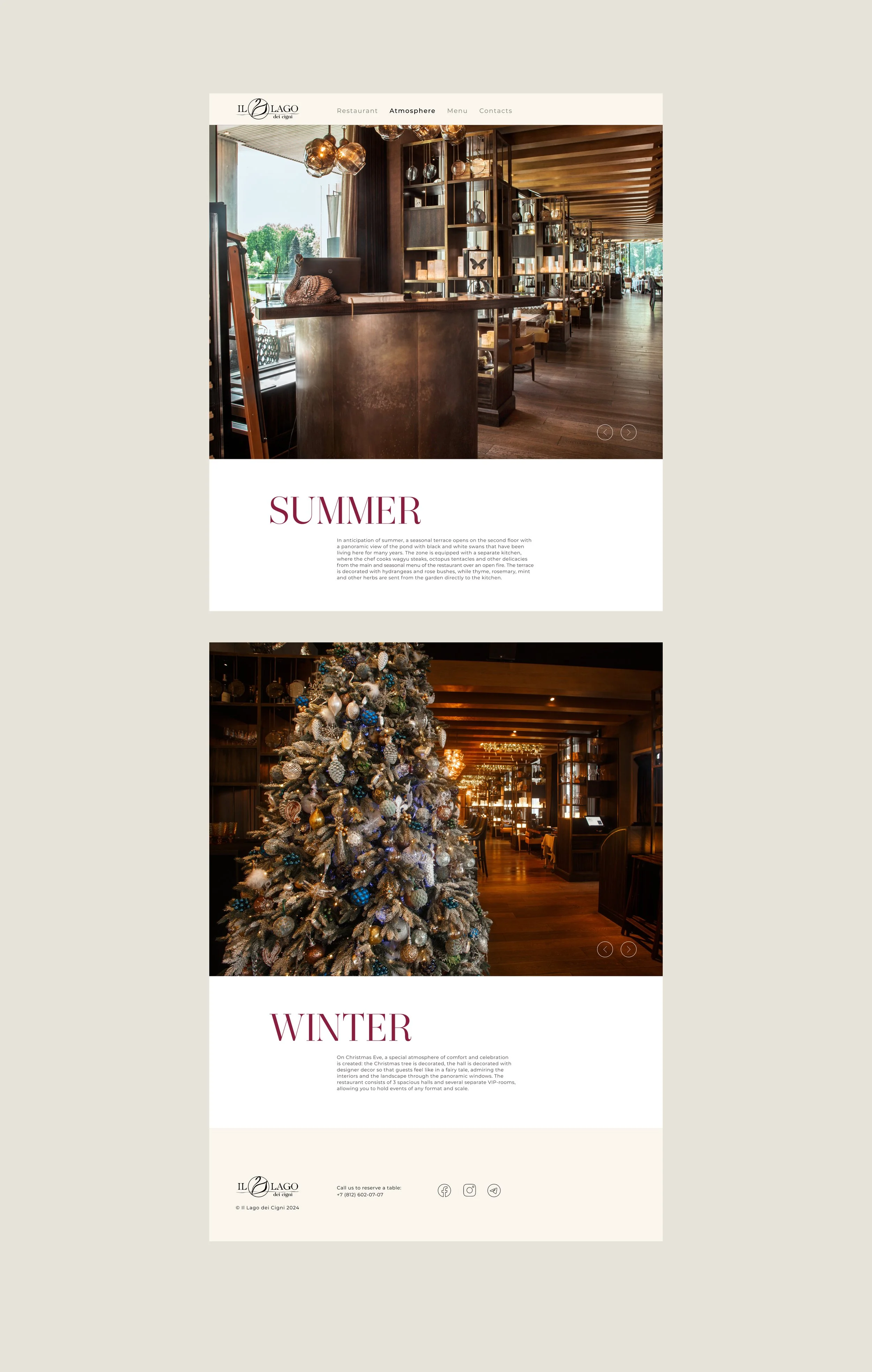 A webpage featuring a restaurant's interior with decorative shelving and a large holiday-themed Christmas tree, divided into sections titled 'Summer' and 'Winter'.