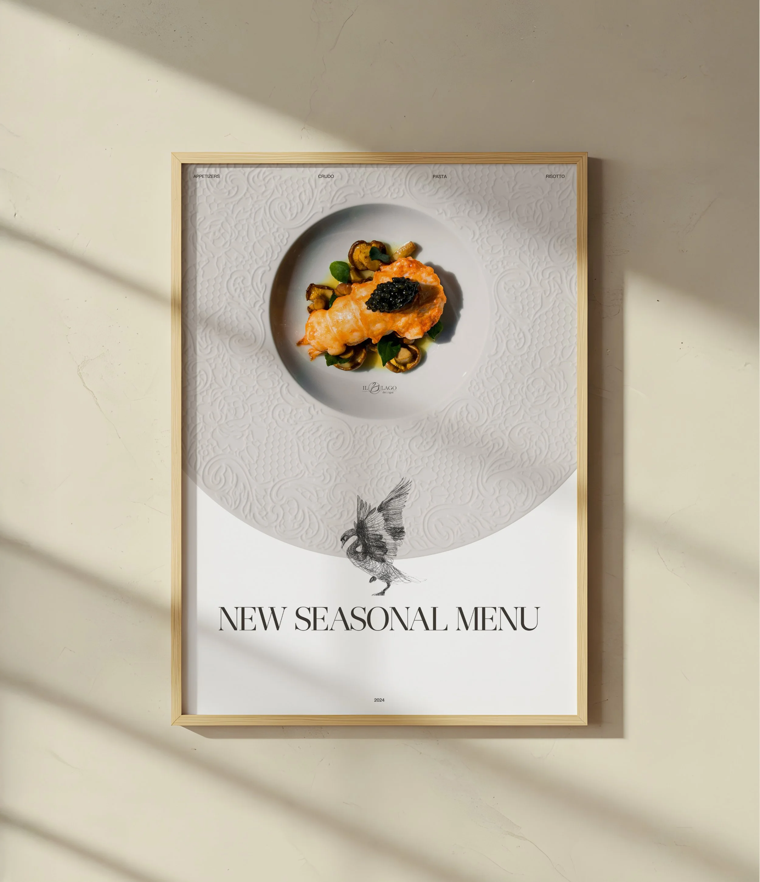 A framed restaurant menu with a white textured background and a drawing of a bird at the bottom. The menu has categories labeled 'Appetizers,' 'Crudo,' 'Pasta,' and 'Risotto,' and features a plated dish with salmon, black caviar, and garnishes.