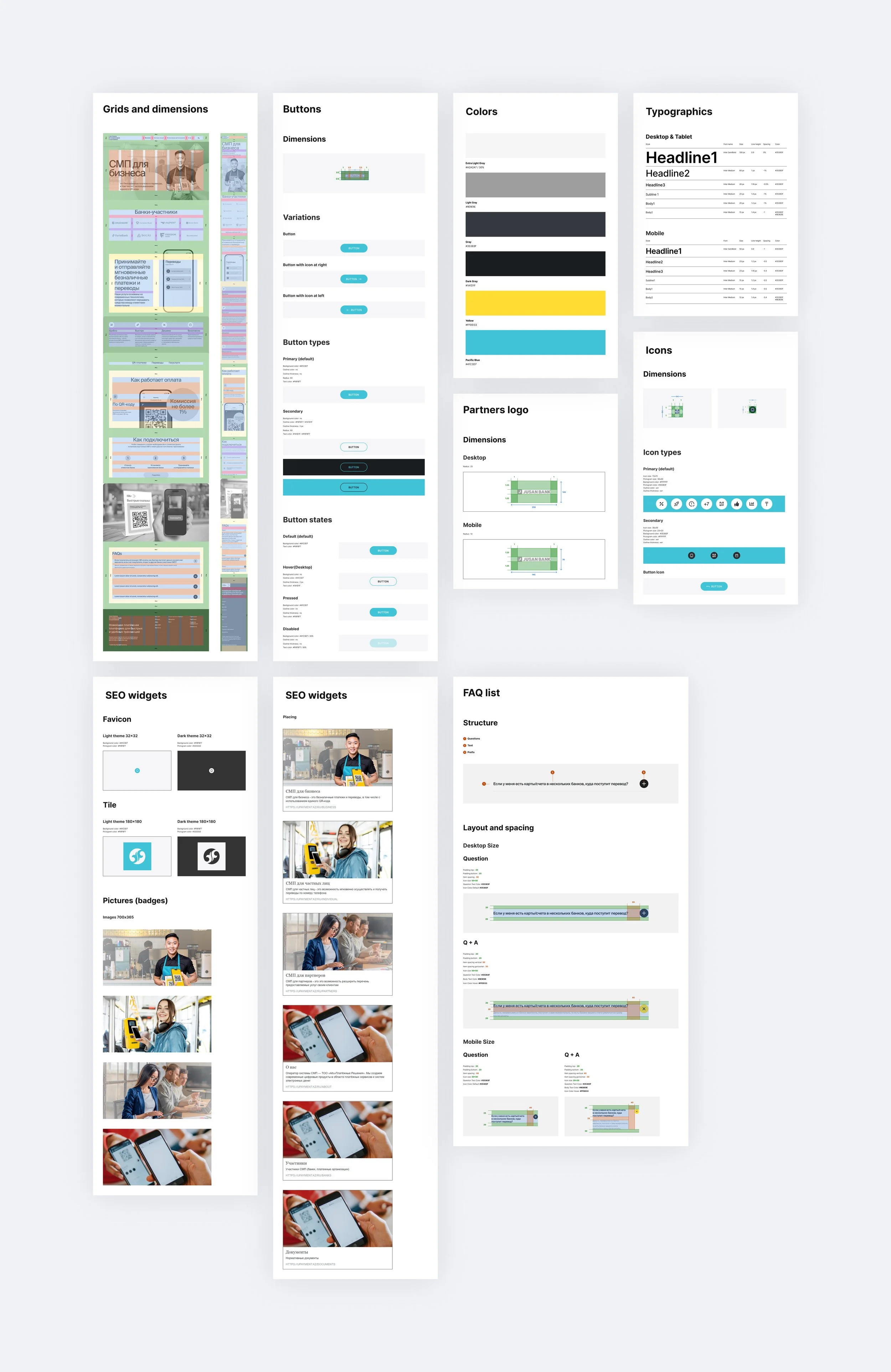 A digital design layout with multiple columns including sections on grids and dimensions, buttons, colors, typography, icons, SEO widgets, FAQ list, and images of people using smartphones.