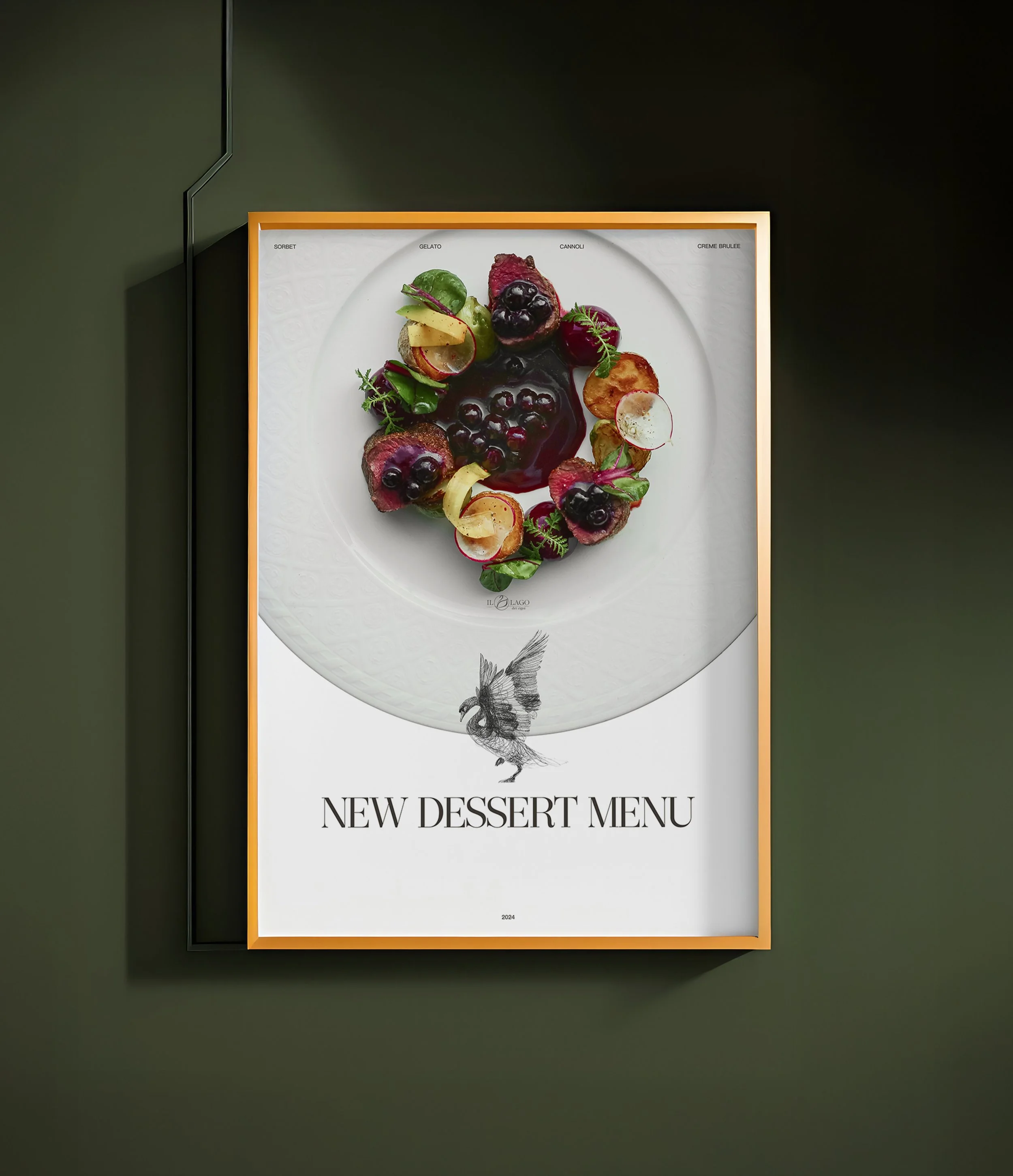 Elegant dessert menu poster with a white background, gold border, and a black feathered insect illustration at the bottom, titled 'NEW DESSERT MENU' with a date of 2024.