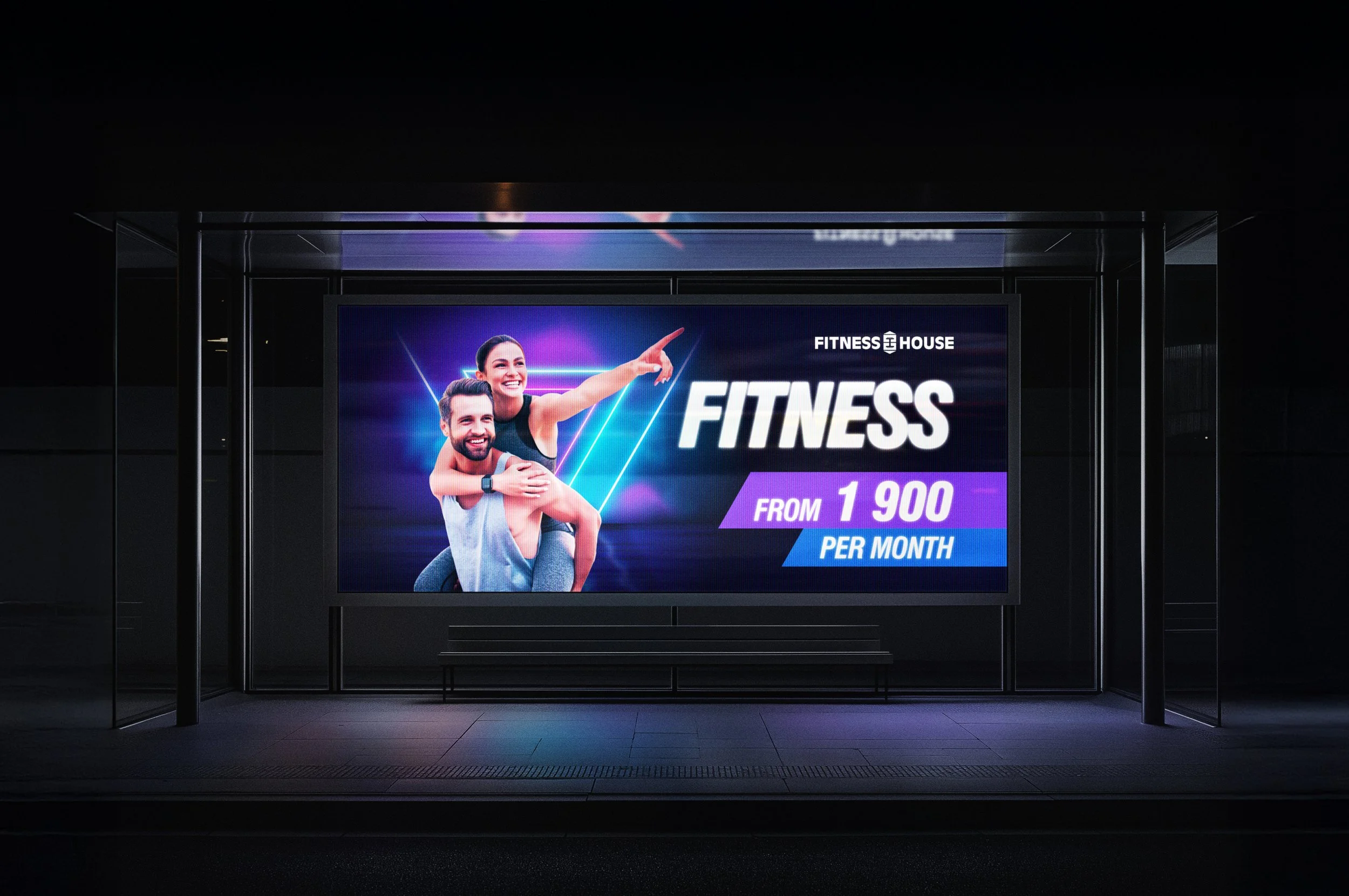 Digital billboard advertising a fitness program from $1,900 per month, showing a smiling woman on a man's back, both in athletic clothing, with a neon geometric background.