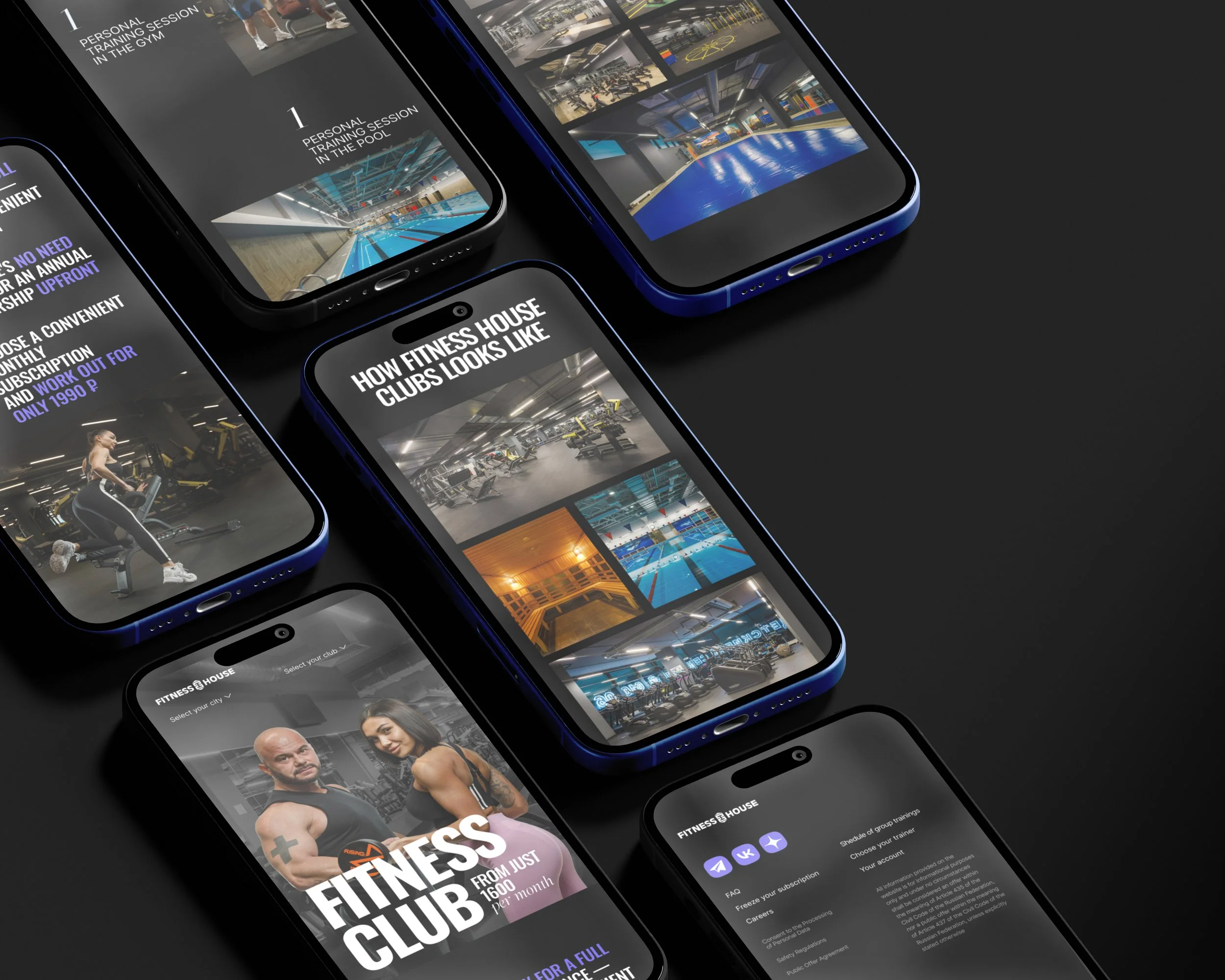 Multiple smartphones displaying a fitness club app with images of gym interiors, fitness equipment, and people working out, set against a black background.