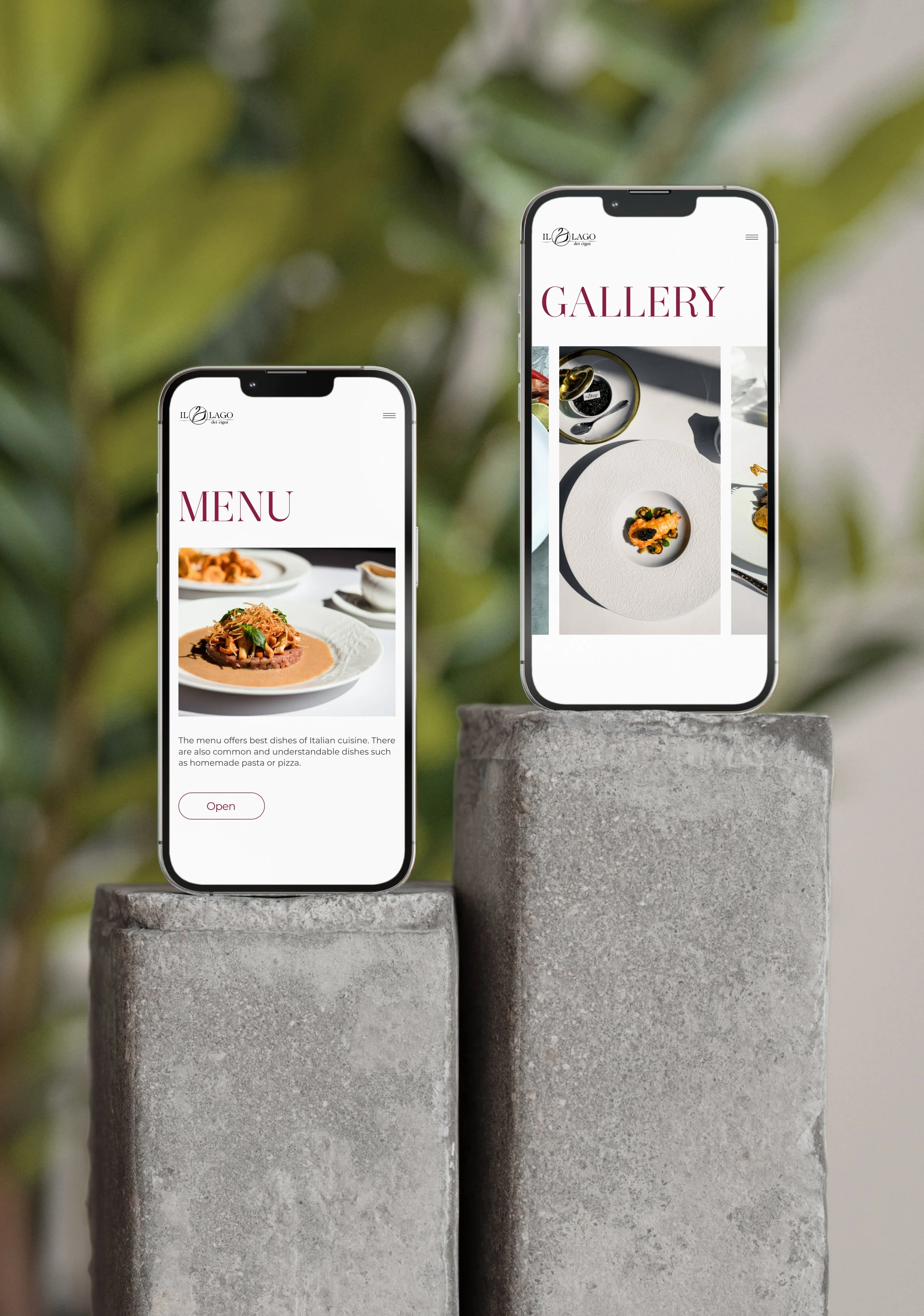 Two smartphones displaying a restaurant's digital menu and gallery on a concrete pedestal with a blurry green leafy background.