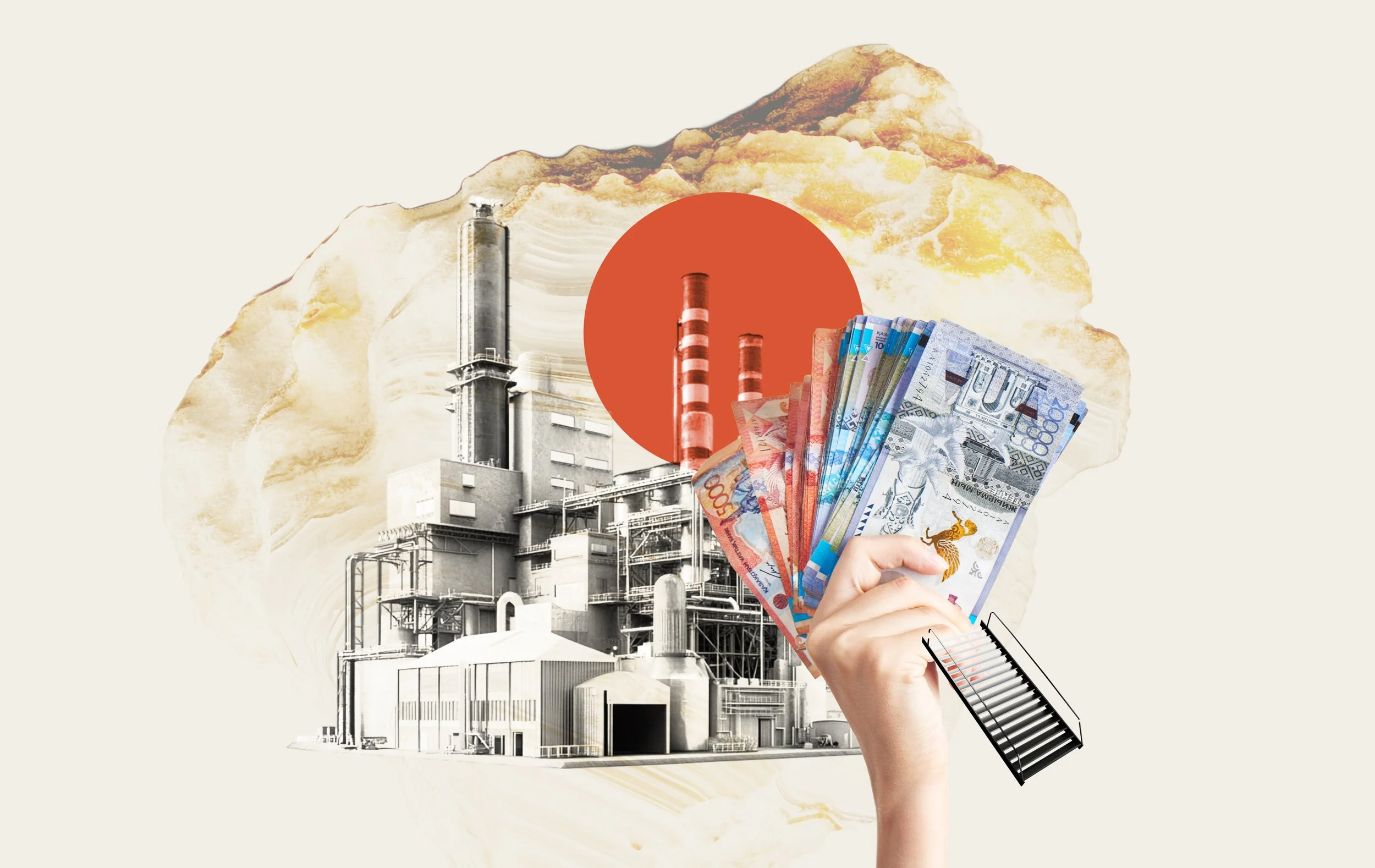 Digital collage showing a factory with smokestacks, a hand holding Australian currency notes, and a red circle with industrial chimneys inside, overlaid on an abstract background.