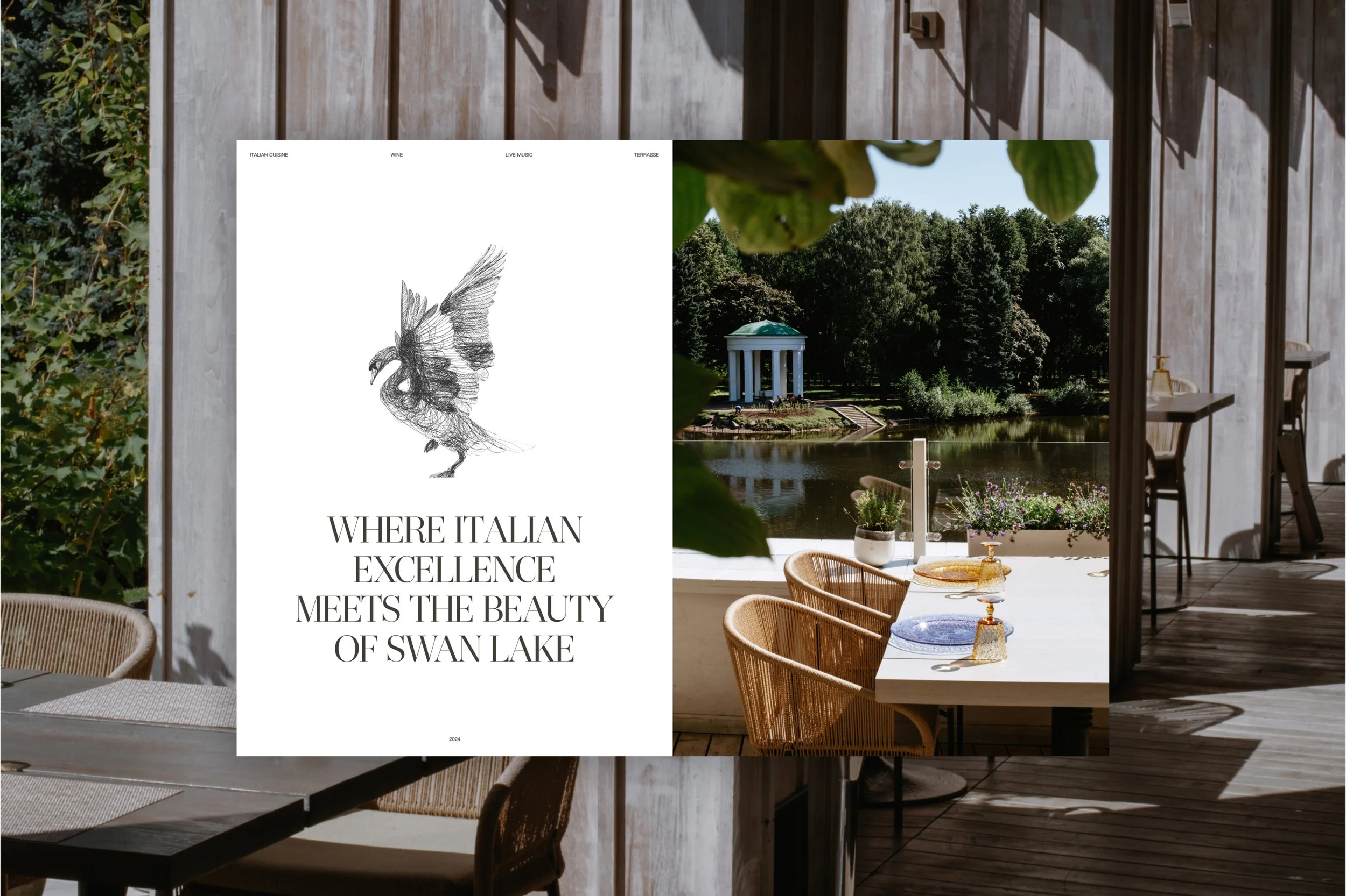 A poster with a sketch of a bird, the words "Where Italian excellence meets the beauty of Swans Lake," and a background of an outdoor seating area overlooking a lake with trees and a pavilion.