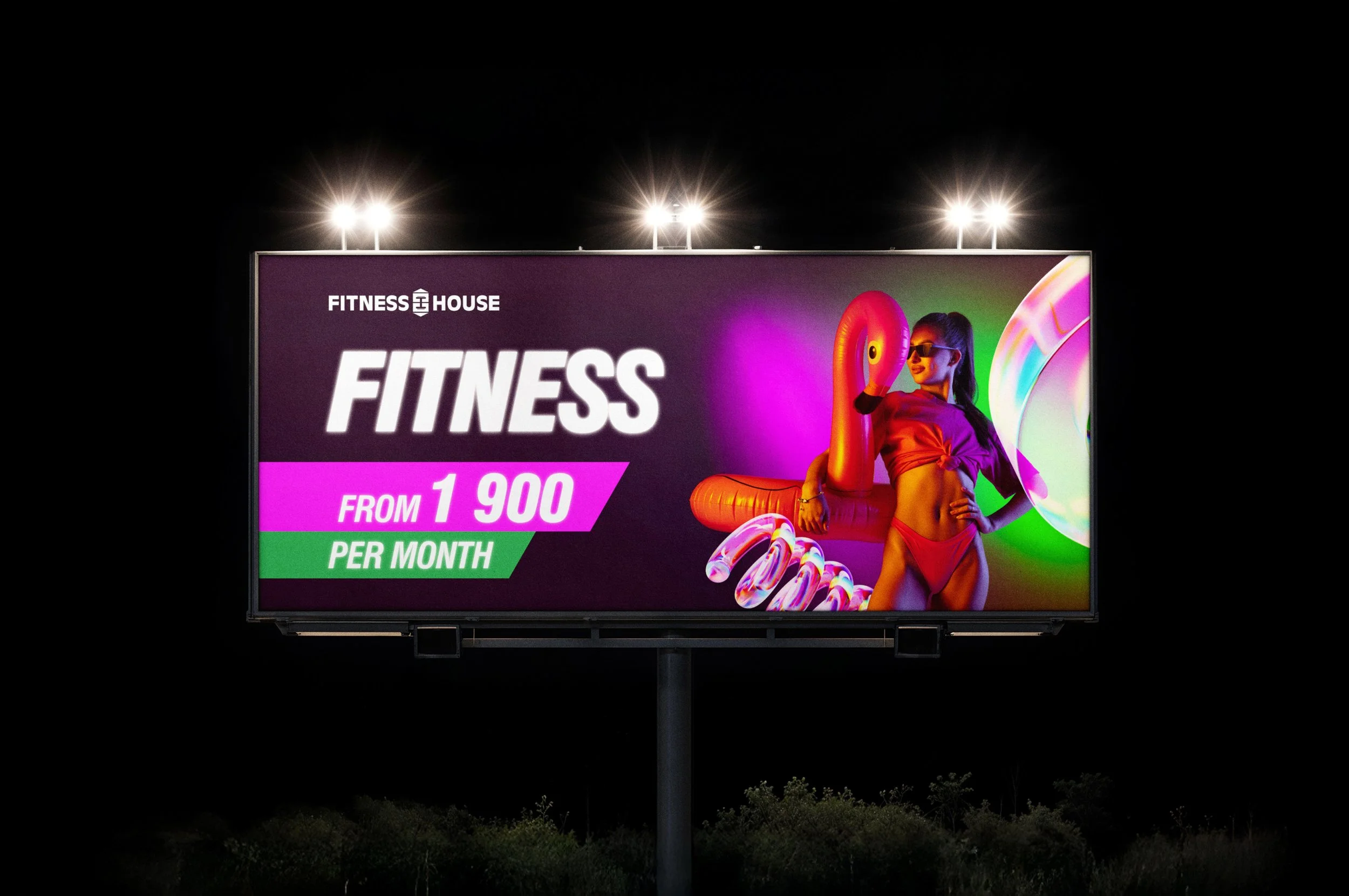 A brightly lit billboard advertising a fitness club with neon colors and an image of a woman in sunglasses holding an inflatable pool float, against a dark night sky.